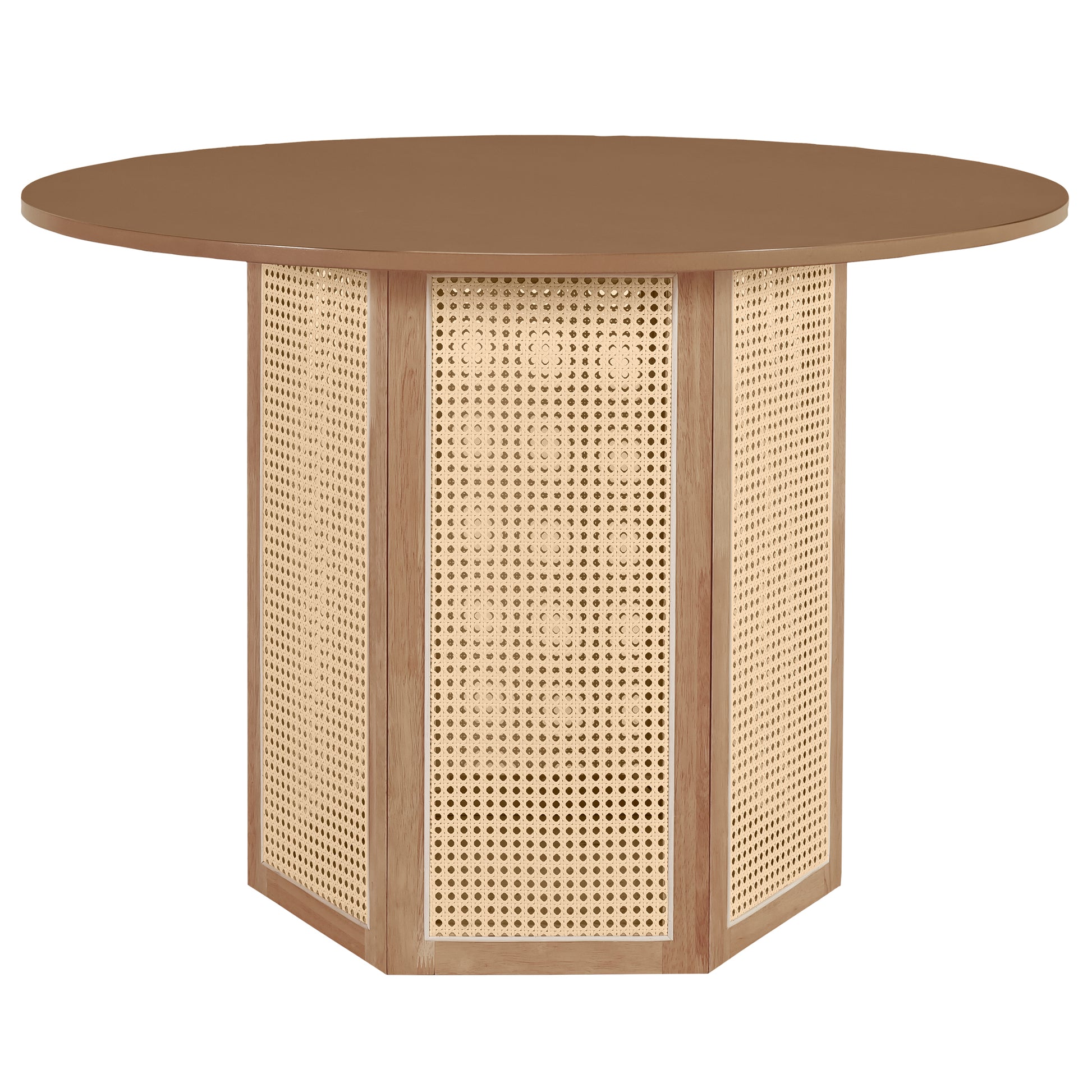 5 Piece Rattan Round Dining Table Set, Wood Table With Hexagonal Base And Upholstered Chairs For Dining Room, Kitchen,Indoor Use, White Beige Wood Dining Room Solid Wood Rubberwood Round Dining Table With Chair Wood Wood White Seats 4 Traditional Round