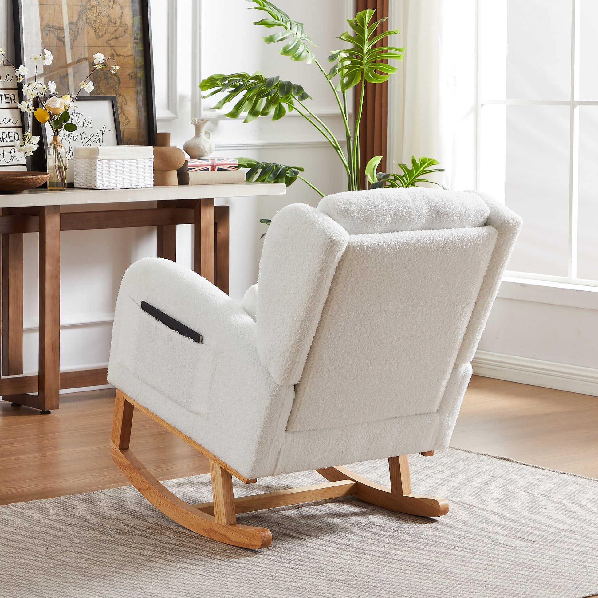27.2"W Modern Accent High Backrest Living Room Lounge Arm Rocking Chair, Two Side Pocket Ivory Foam Fabric