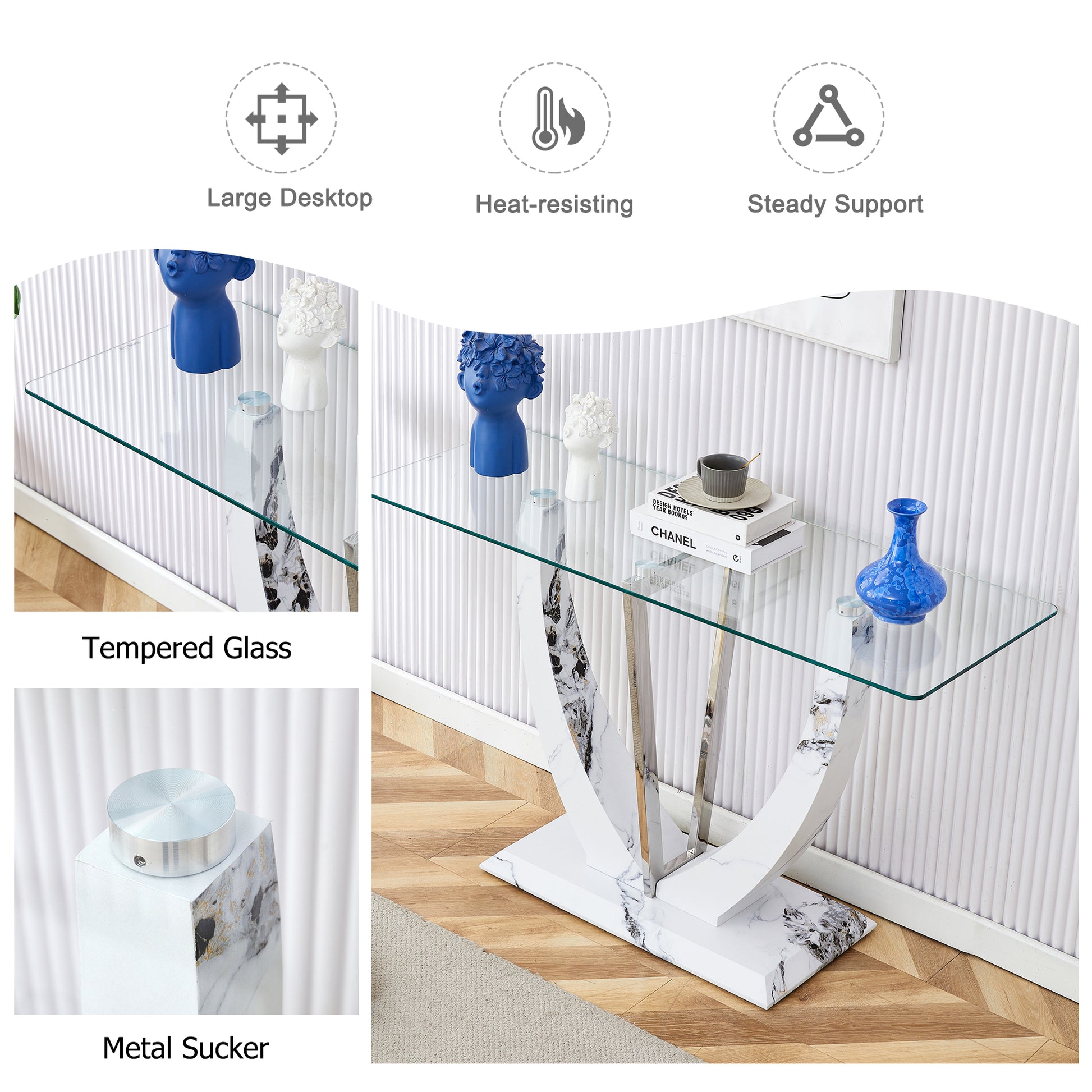 Modern Minimalist Rectangular Glass Table With 0.39 "Tempered Glass Top And Mdf White Patterned Sticker Legs For Entrance And Living Room. Transparent Glass