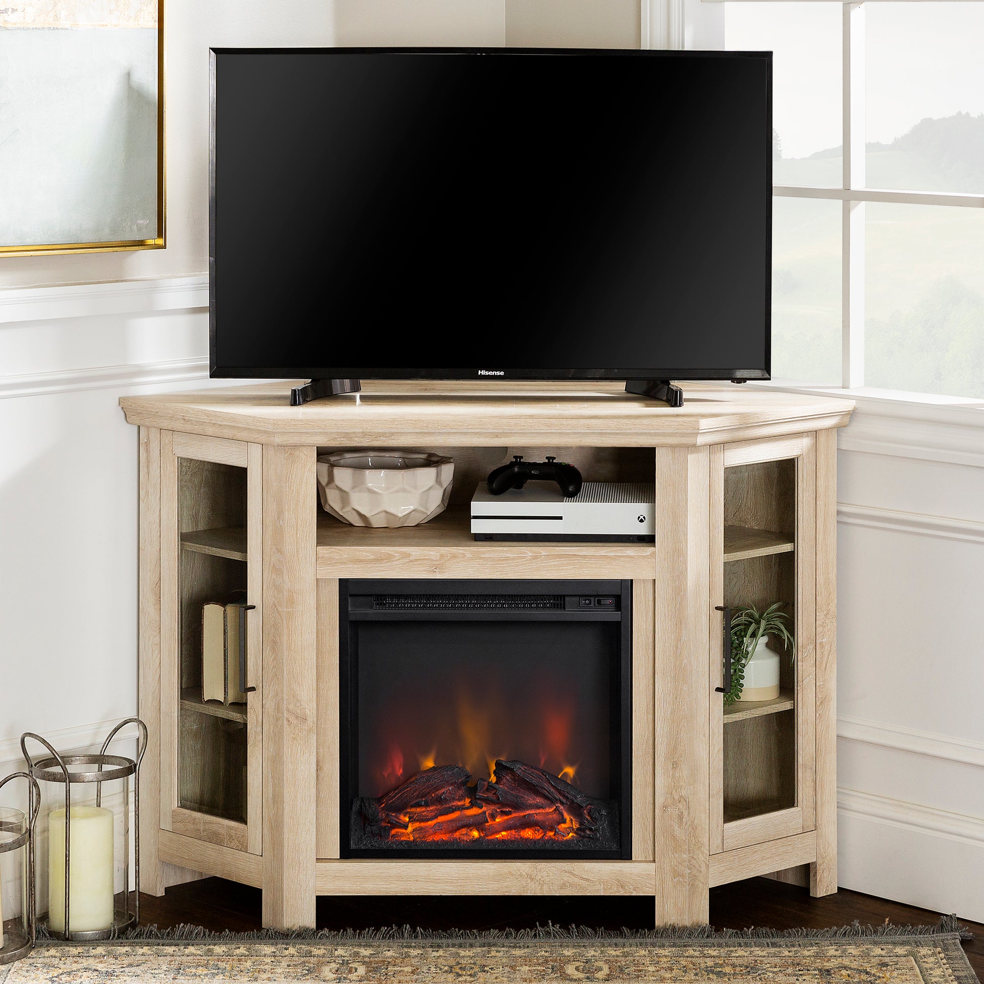 Classic Glass Door Fireplace Tv Stand For Tvs Up To 55" White Oak Brown Mdf