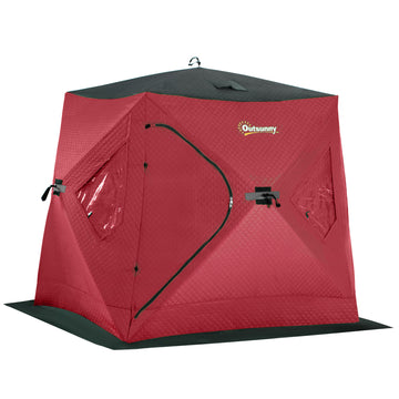 Outsunny 2 Person Insulated Ice Fishing Shelter Pop Up Portable Ice Fishing Tent With Carry Bag And Anchors For Lowest Temps 22 , Red Red Fabric