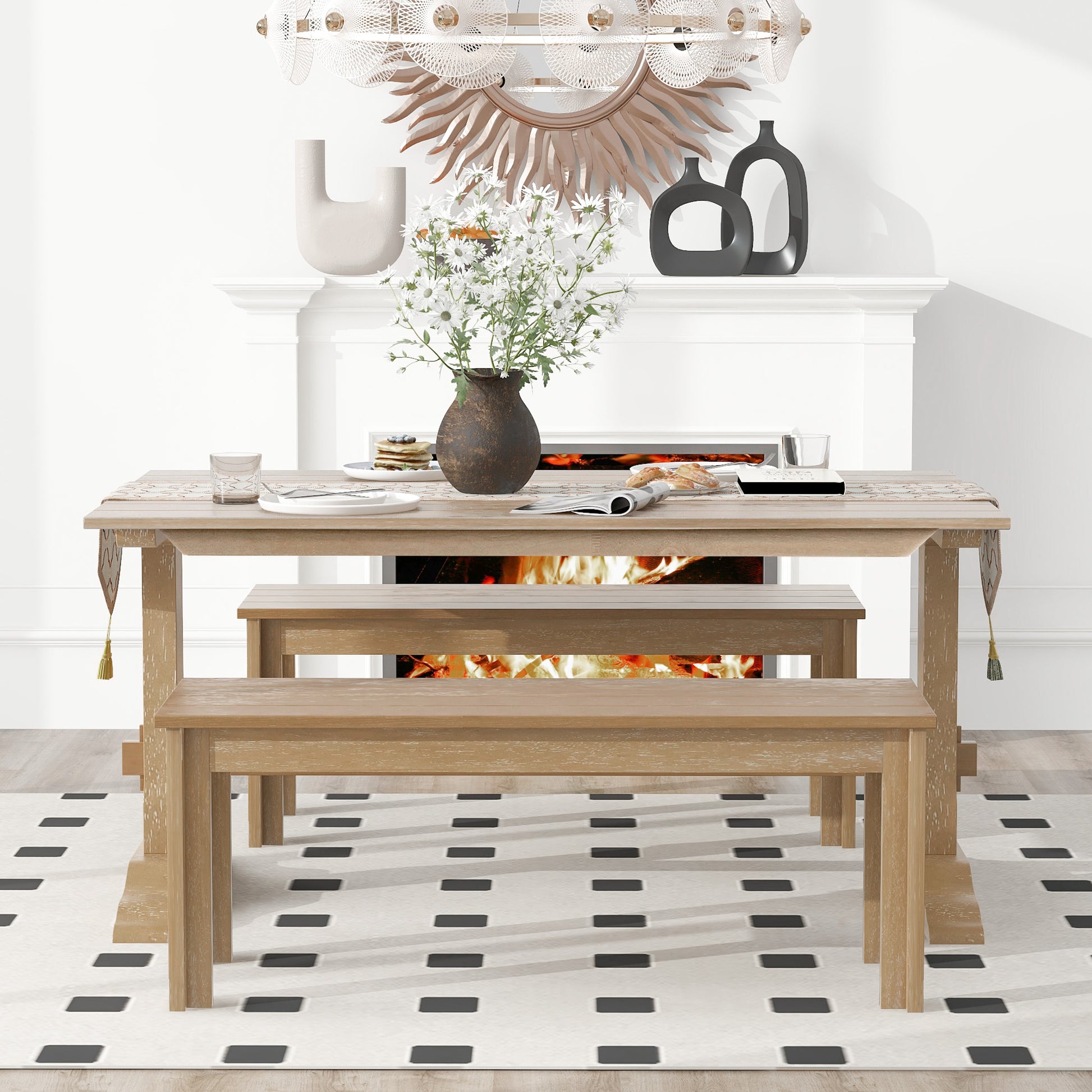 3 Piece Retro Dining Set, Rectangular Trestle Table And 2 Wooden Benches For 4 People For Dining Room And Kitchen Natural Wood Natural Wood Solid Wood Mdf