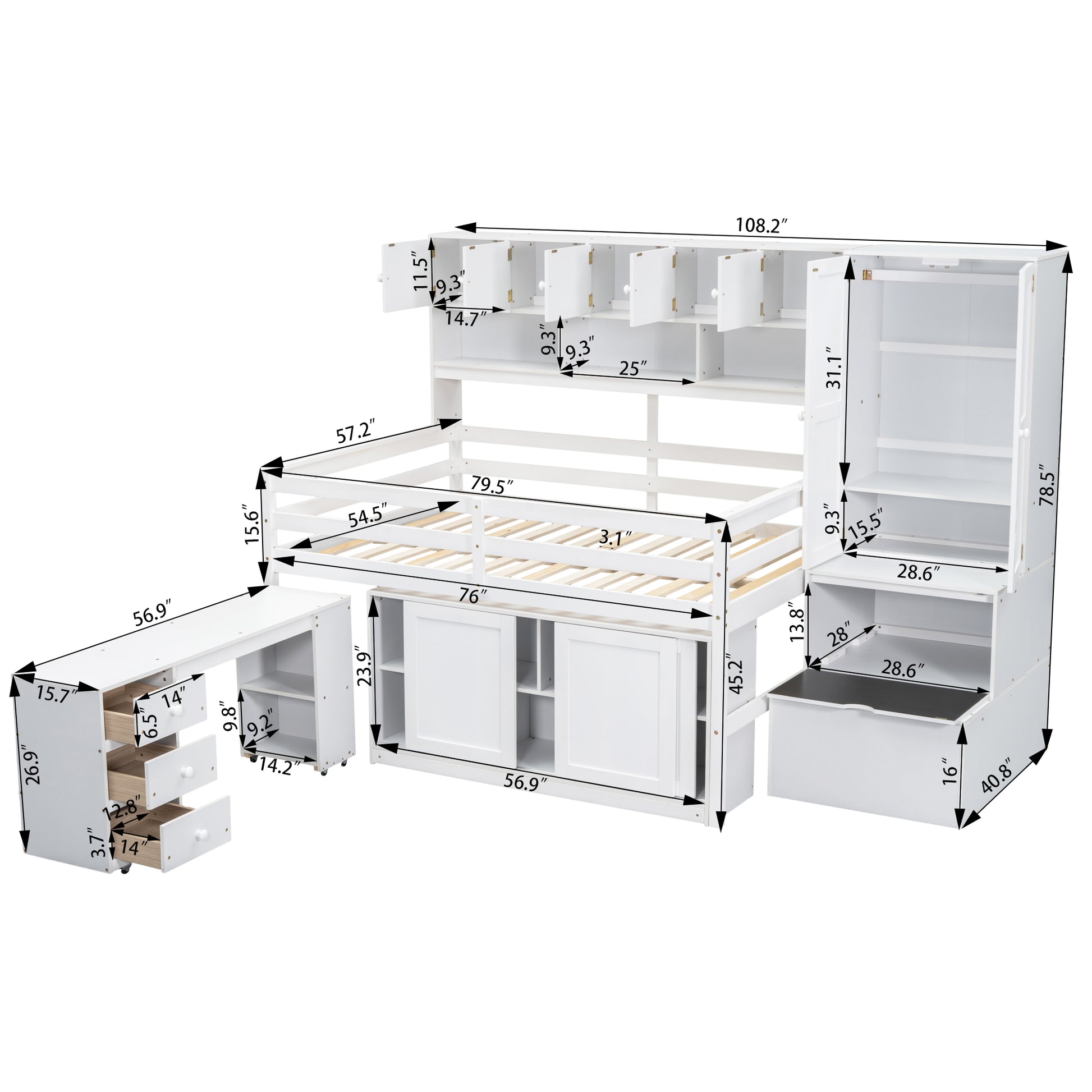 Full Size Wooden Loft Bed Big Storage With Under Bed Desk, With Drawers, With Shelves, White Full White Plywood