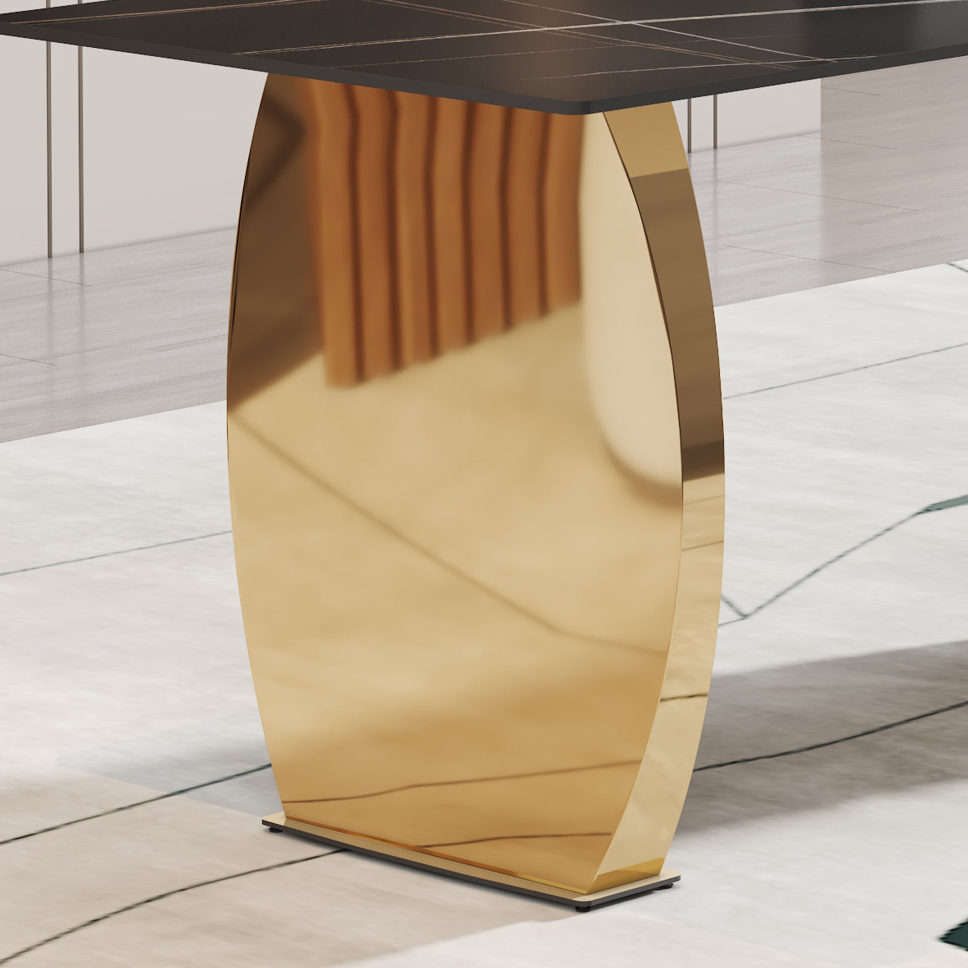 Modern Rectangular Table With 0.4 Inch Black Patterned Tabletop And Gold Legs, Suitable For Kitchen, Dining Room, And Living Room 63 Inches * 31.4 Inches * 30 Inches Gold Sintered Stone