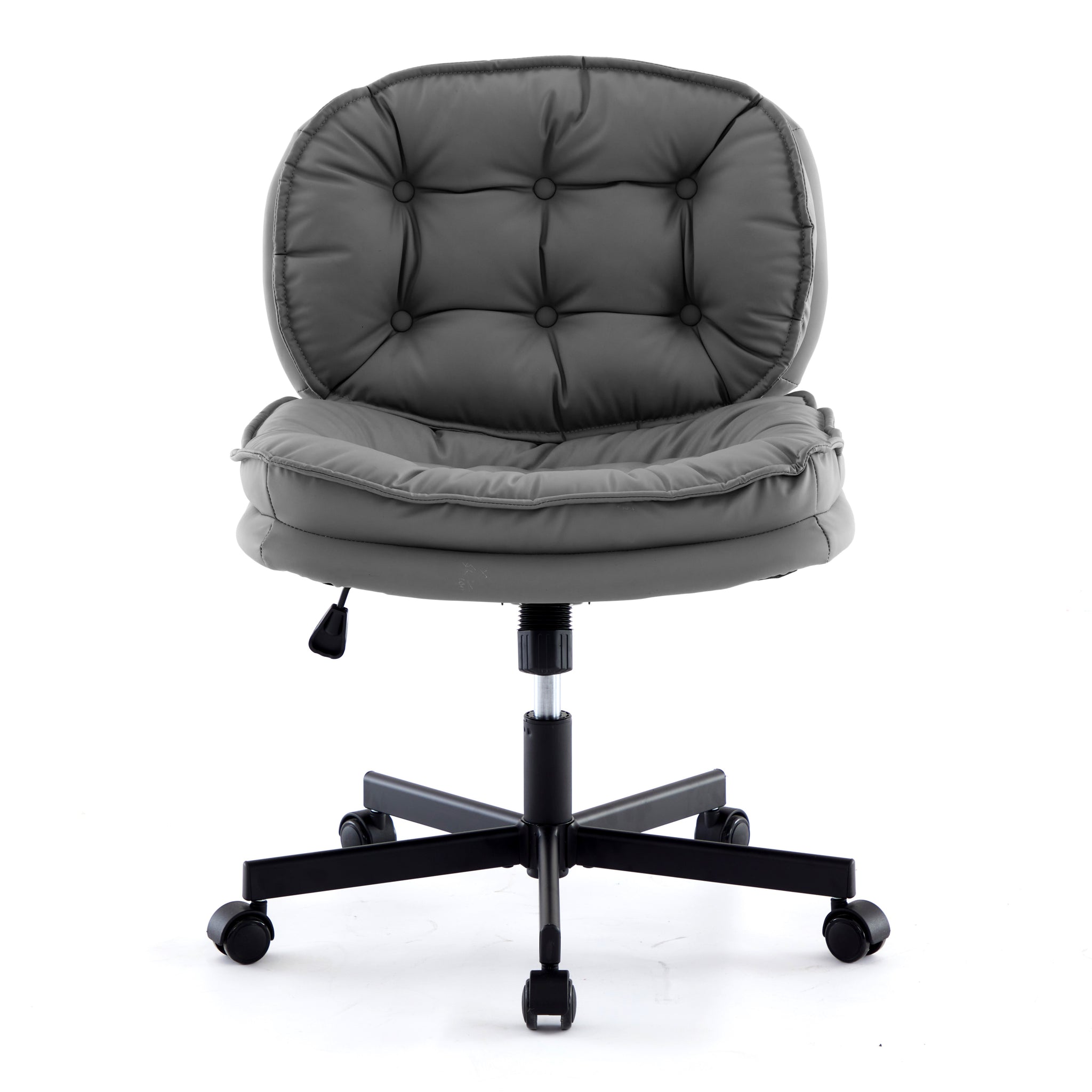 Armless Office Desk Chair With Wheels: Pu Leather Cross Legged Wide Chair,Comfortable Adjustable Swivel Computer Task Chairs For Home,Office,Make Up,Small Space,Bed Room Smoke Grey Antique Fiber Foam And Polyester Fiber Pad Pvc