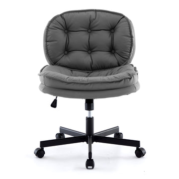 Armless Office Desk Chair With Wheels: Pu Leather Cross Legged Wide Chair,Comfortable Adjustable Swivel Computer Task Chairs For Home,Office,Make Up,Small Space,Bed Room Smoke Grey Antique Fiber Foam And Polyester Fiber Pad Pvc