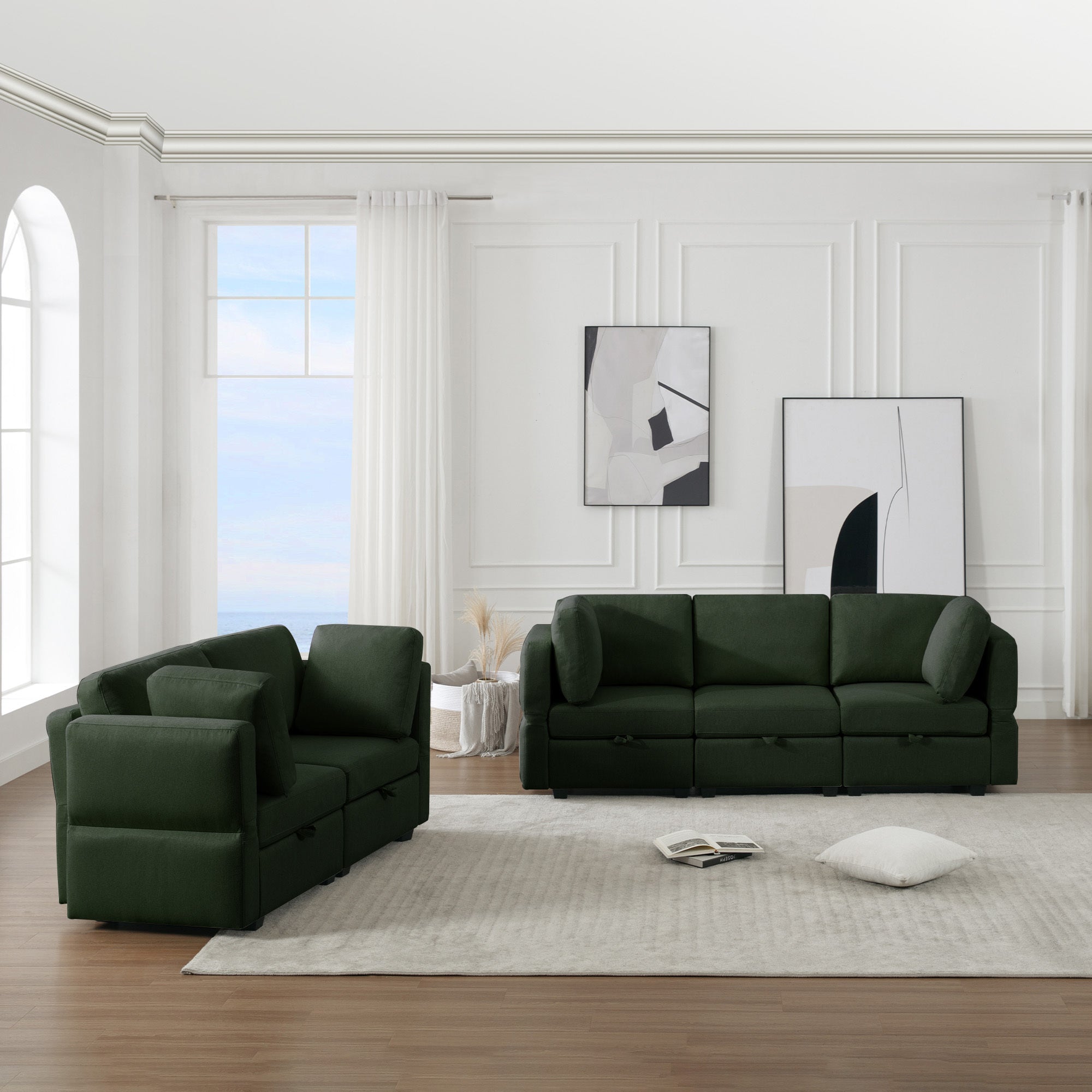 Living Room Sofa Set With 3 Seat Couch And 2 Seat Loveseat, Hidden Storage Under Seat, Soft Back Cushions And Arm Cushionsadjustable Arms And Backs Green Green Polyester 5 Seat
