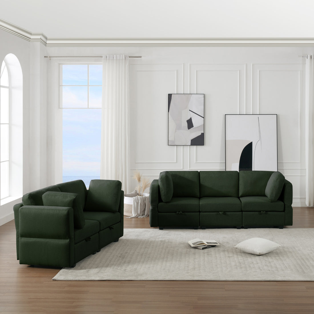 Living Room Sofa Set With 3 Seat Couch And 2 Seat Loveseat, Hidden Storage Under Seat, Soft Back Cushions And Arm Cushionsadjustable Arms And Backs Green Green Polyester 5 Seat