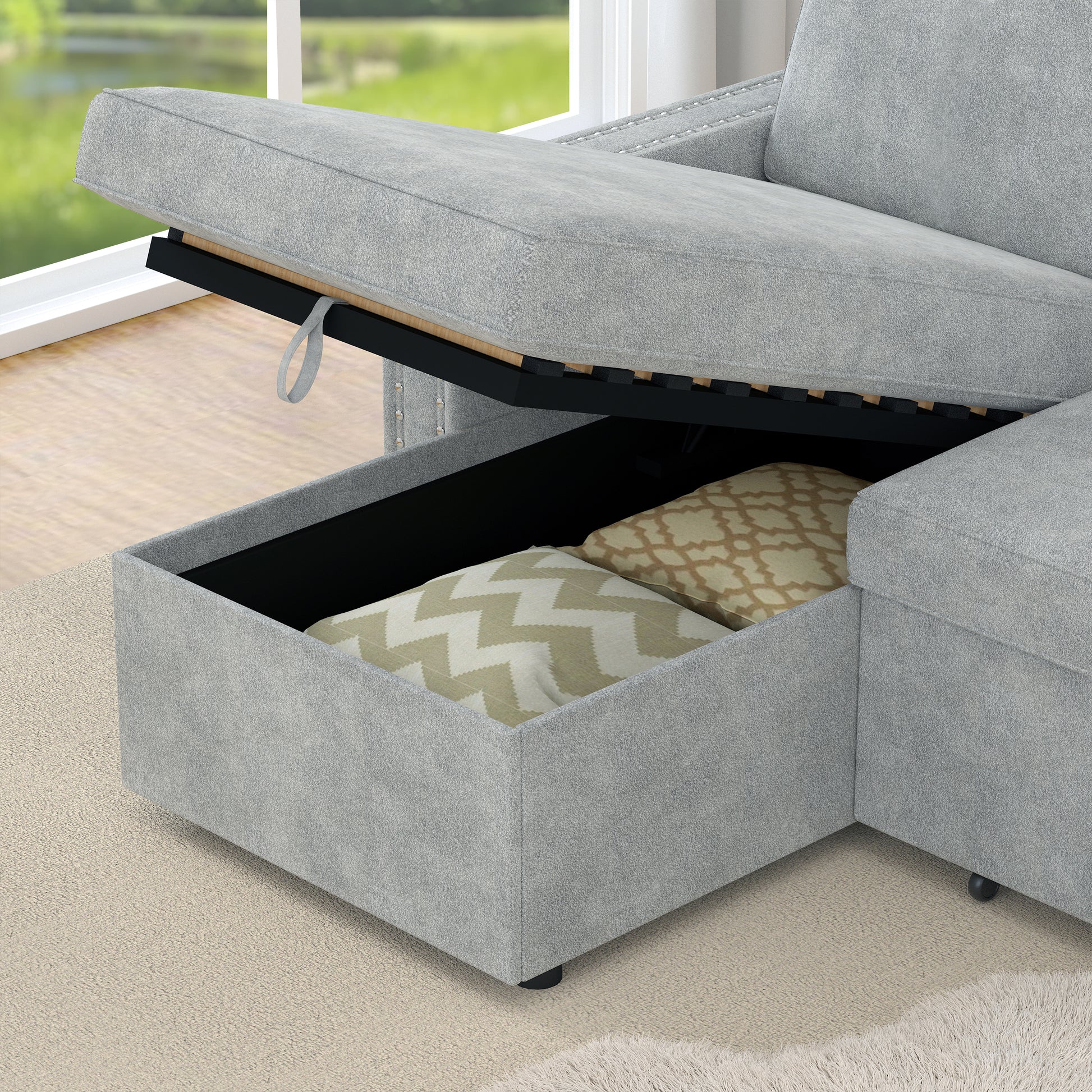 85 Inches Sofa Bed, 3 Seater Sleeper Sofa With Storage Chaise, Square Handrail With Pull And Copper Nail,Chenille Light Grey, Pull Out Couch For Living Room Light Grey Chenille 3 Seat