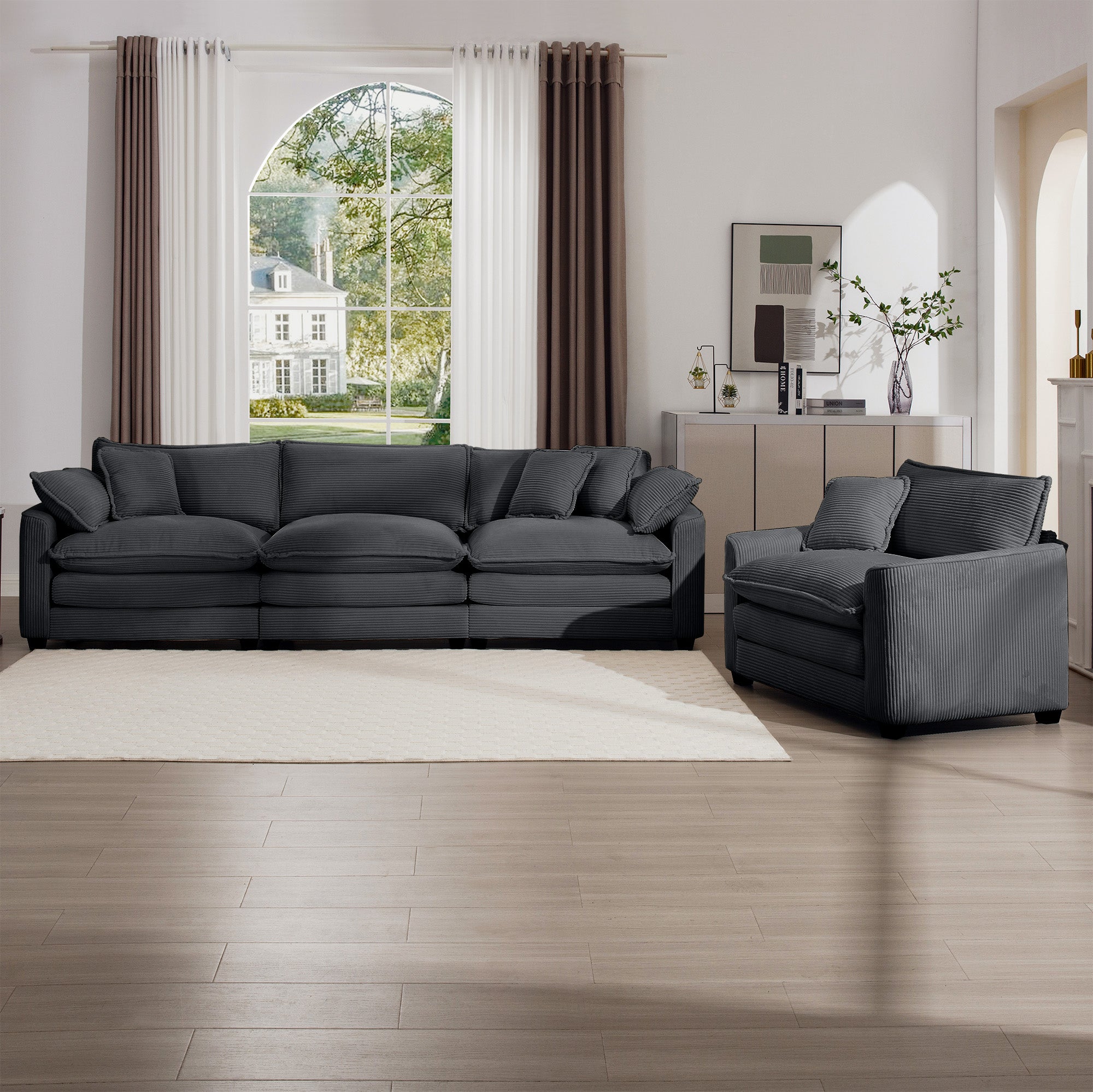 Mid Century Modern Sectional Set Of Two, One 3 Seater Sectional And One Single Seater Sectional With 2 Arm Pillows And 4 Throw Pillows, Living Room Sectional Grey Corduroy Fabric Grey Corduroy 4 Seat