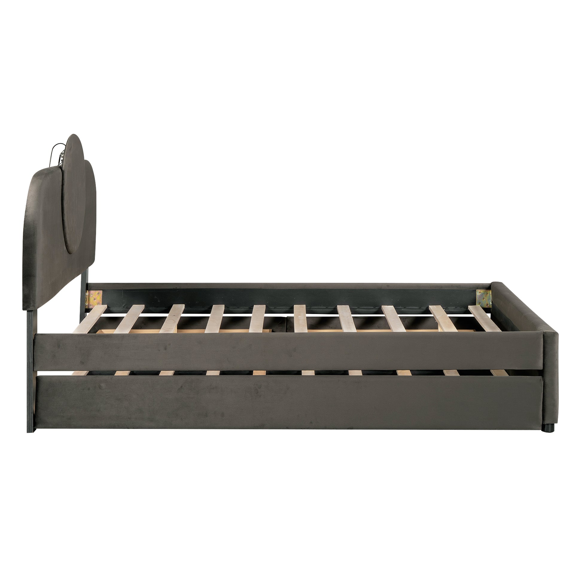 Full Size Upholstered Platform Bed With Multi Functional Led Headboard, Trundle And 2 Drawers, Gray Box Spring Not Required Full Gray Wood Bedroom Upholstered