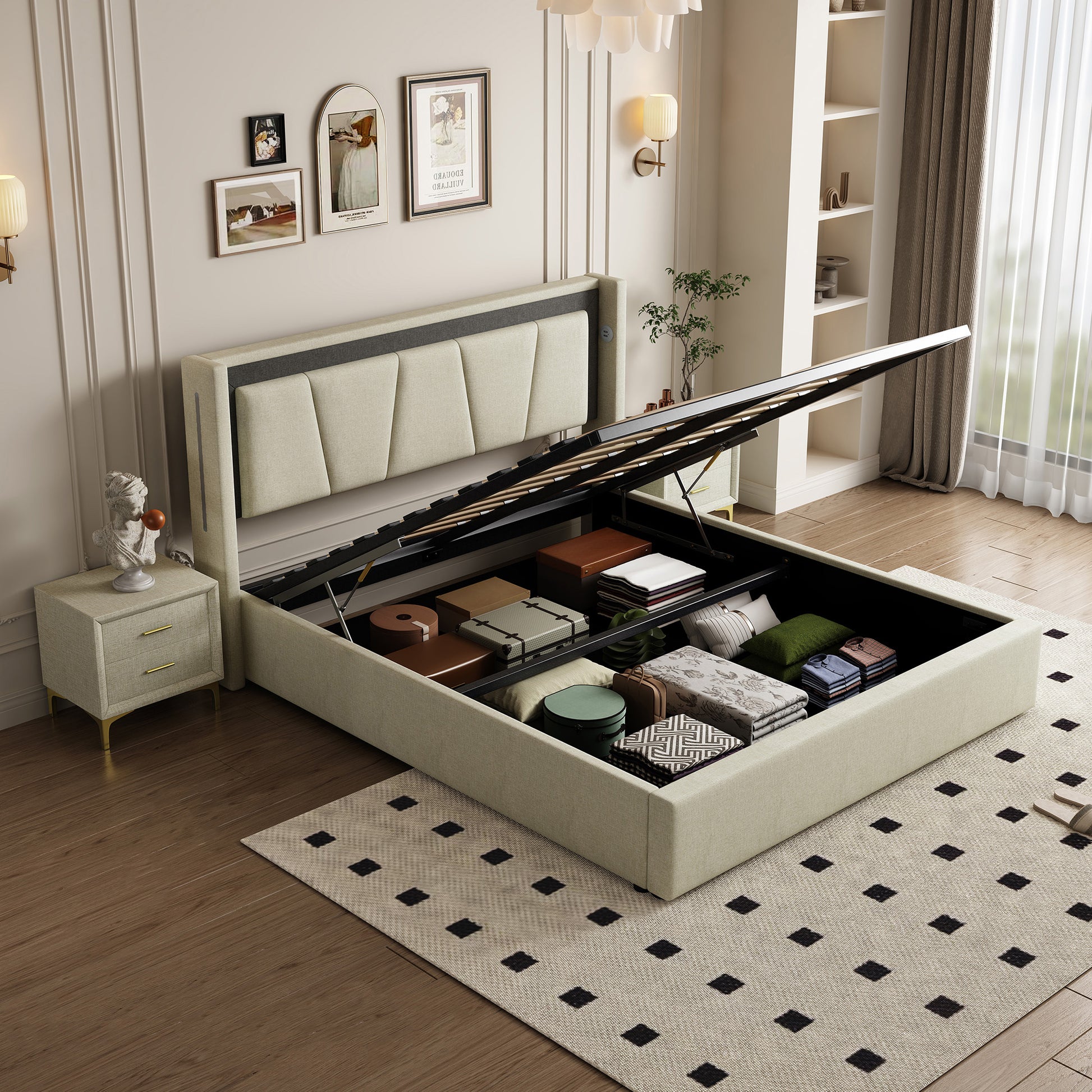 Queen Size, Cotton And Linen Fabric, Pneumatic Bed, With Storage Space Under The Bed, Stable Bed Structure,Light Gray Queen Light Gray Mdf Acacia