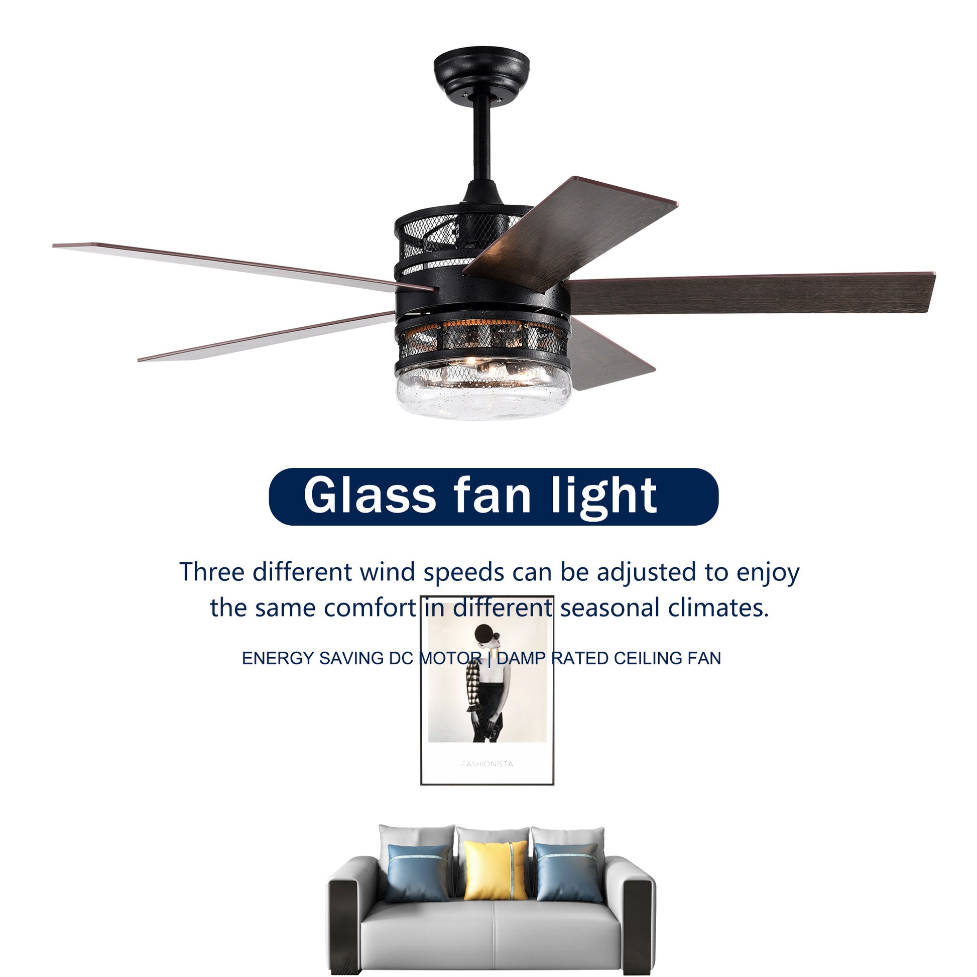 52 Inch 5 Blade Lighted Ceiling Fan With Remote Controlglass Shade Optional Remote Matte Black Matte Black American Design,American Traditional,Classic,Contemporary,Farmhouse Plywood Metal