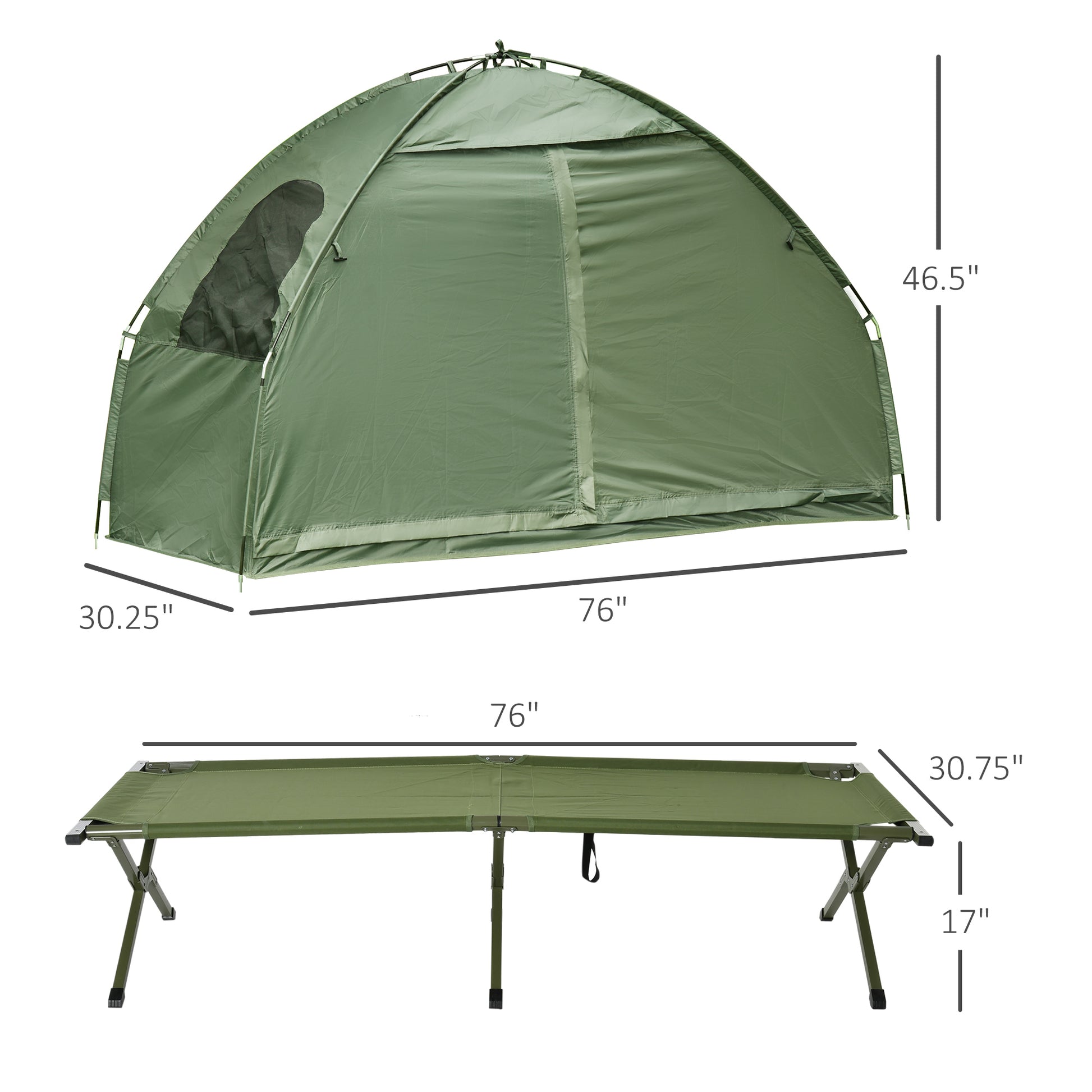 Outsunny Camping Tent Cot, Single Person Folding Cot Combo, Off Ground Tent, Covered Outdoor Bed With Carry Bag For Hiking, Camping Green Polyester