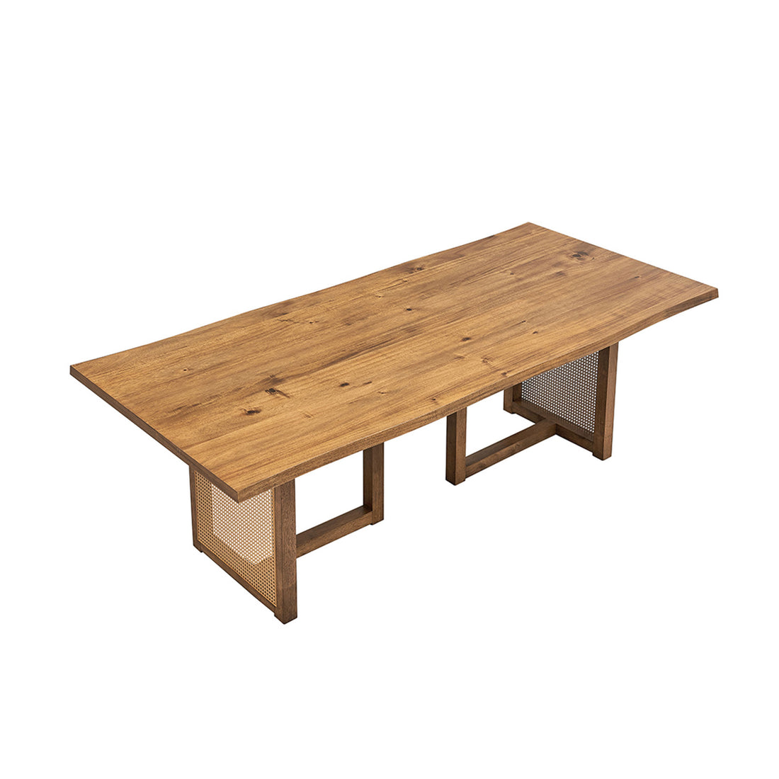 86.61 Inch Oversize Rectangular Waves Dining Table,Wooden Dining Table For 6 Persons,Mid Century Modern Large Kitchen Table For Living Room,Bohemian Dining Table With Rattan Weave For Restaurant Oak