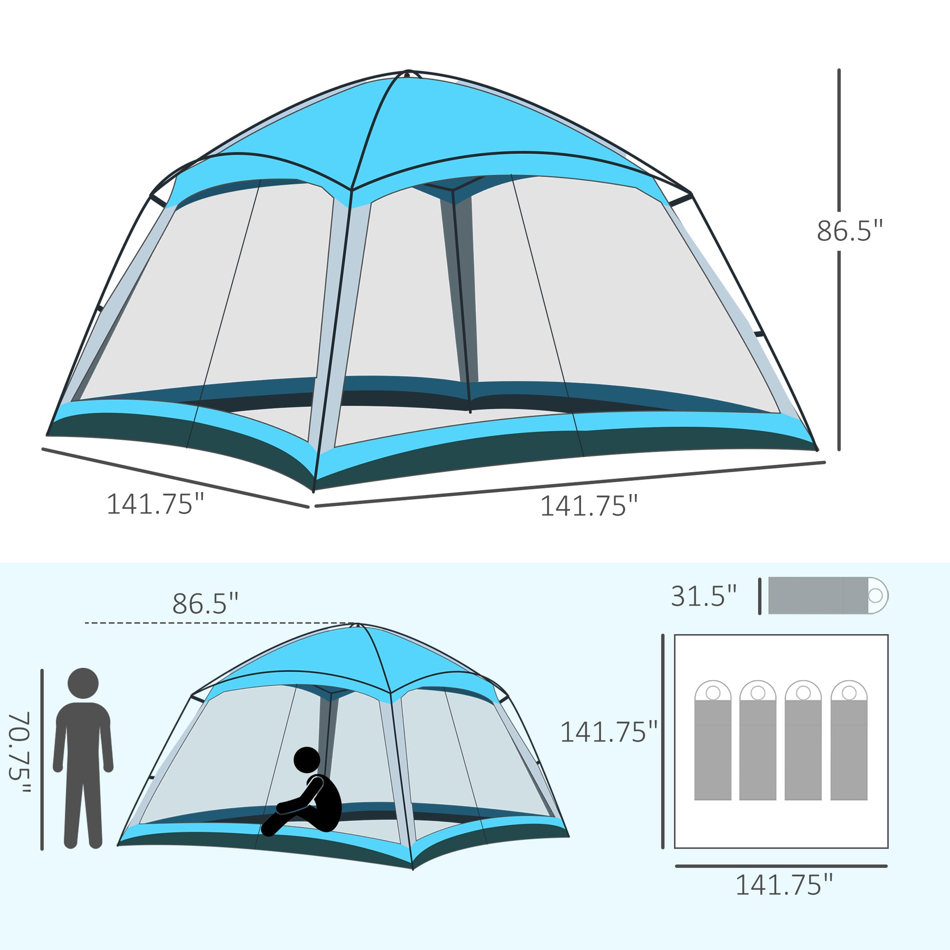 Outsunny 12' X 12' Screen House Room, 8 Person Camping Tent W Carry Bag And 4 Mesh Walls For Hiking, Backpacking, And Traveling, Easy Set Up, Sky Blue Blue Polyester