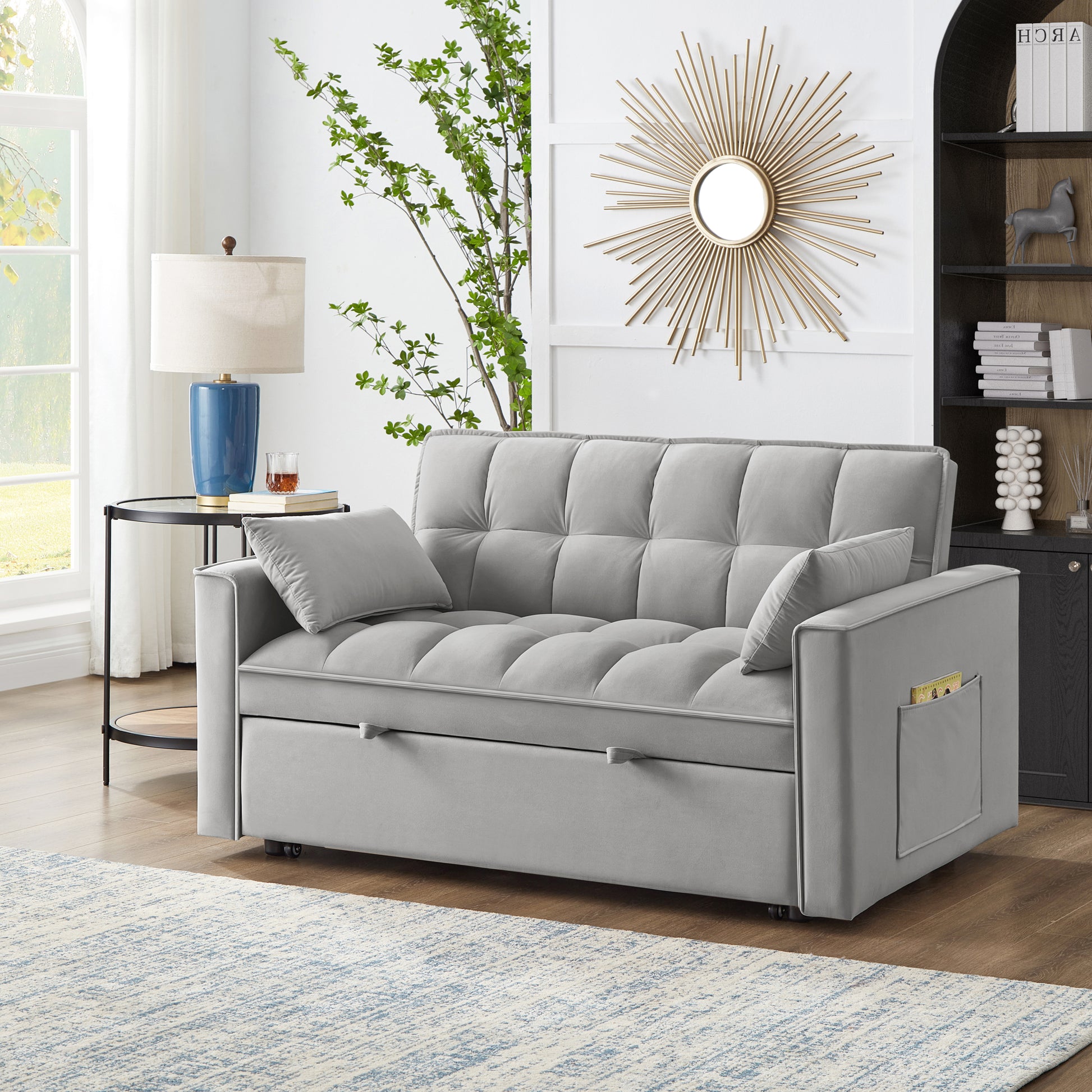 4 In1 Loveseat Sofa Bed With Armrests & Storage Pockets, Multi Function Tufted Pull Out Sofa Bed With Adjustable Backrest And Pillows, Convertible Loveseat Sofa Couch, Gray Gray Velvet Primary Living Space Medium Soft Tufted Back American