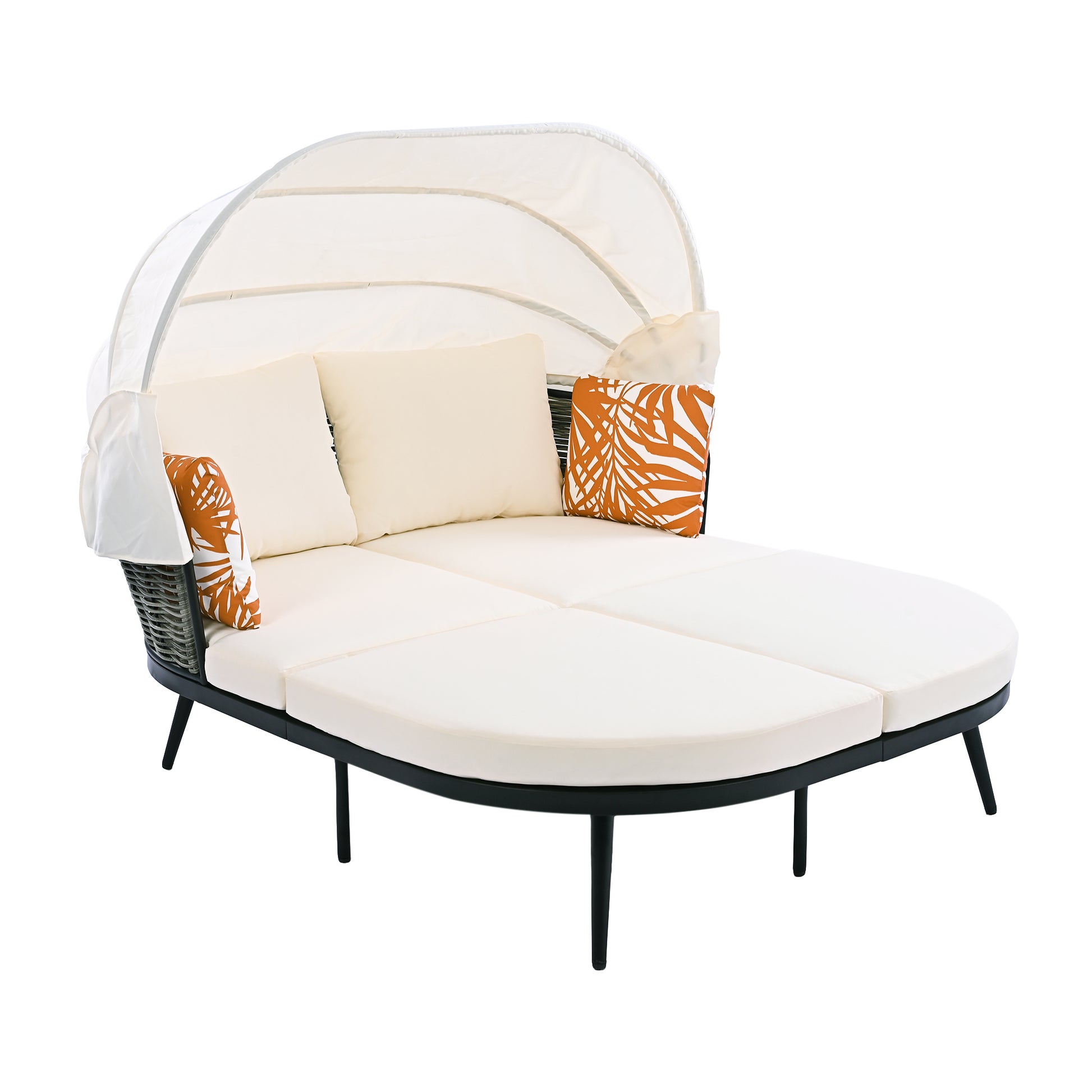 74.8" L Patio Daybed With Retractable Canopy, Outdoor Rattan Pe Wicker Back Loveseat Sofa Set With Throw Pillows And Cushions For Backyard, Poolside, Garden, Beige Yes Lounge Beige Weather Resistant Frame Water Resistant Cushion Garden & Outdoor Complete