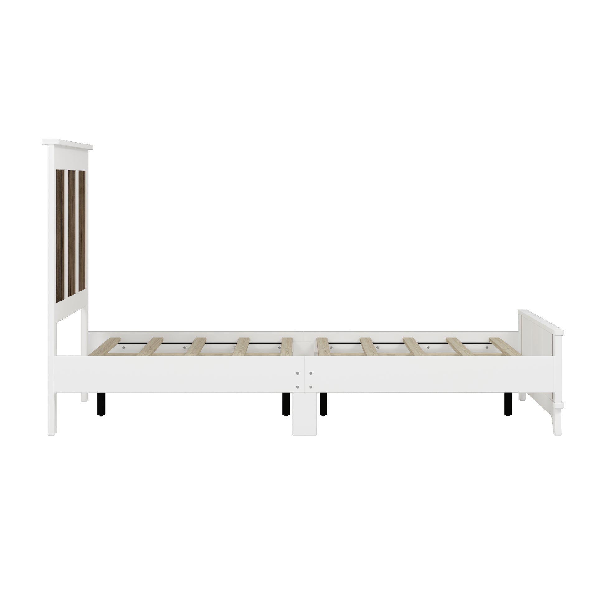 Farmhouse Wooden Platform Queen Size Bed, Modern Platform Bed With Wooden Strip Decoration, Plywood Slats Support, White Queen White Particle Board