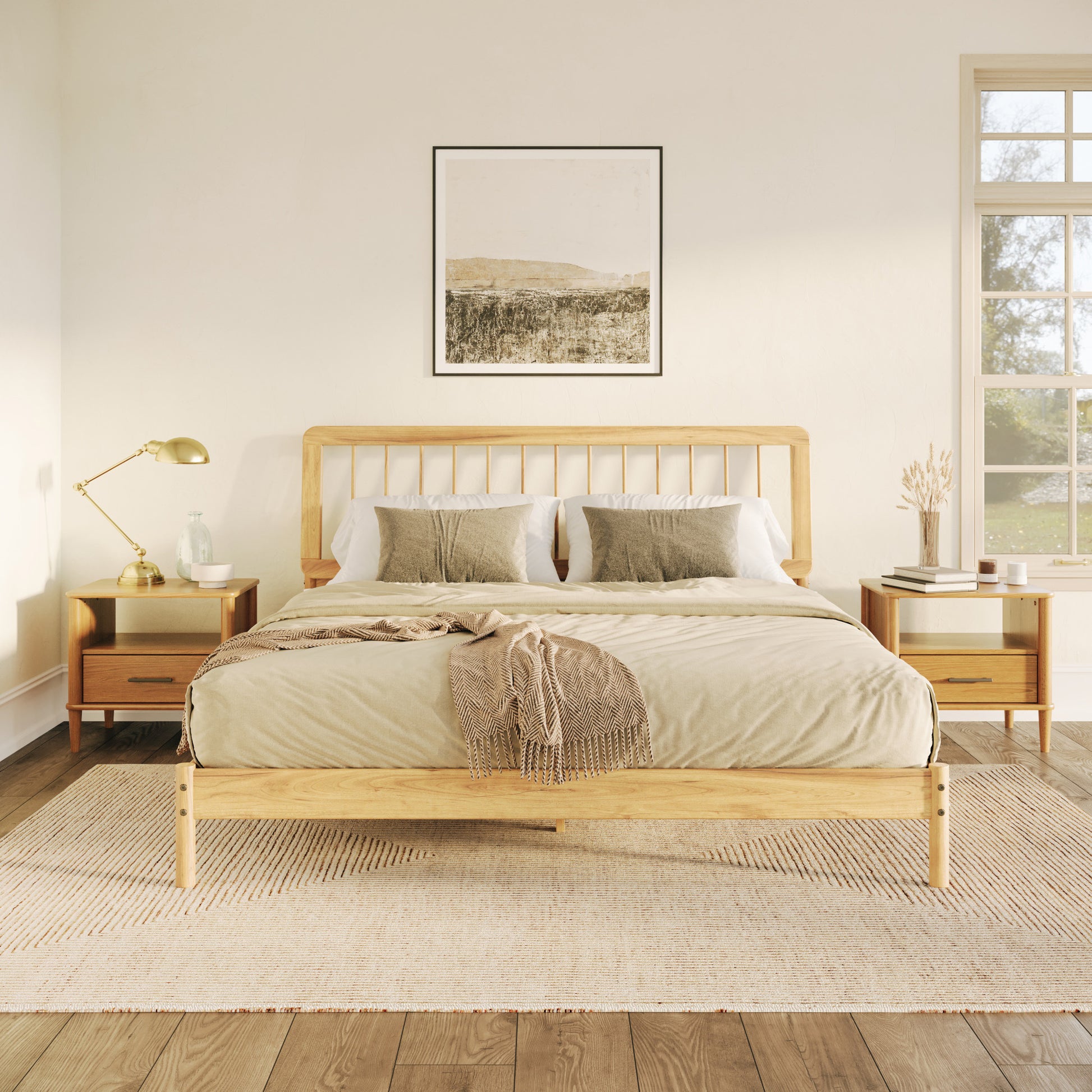 Mid Century Modern Solid Wood King Spindle Bed Natural Pine King Natural Wood Pine Pine