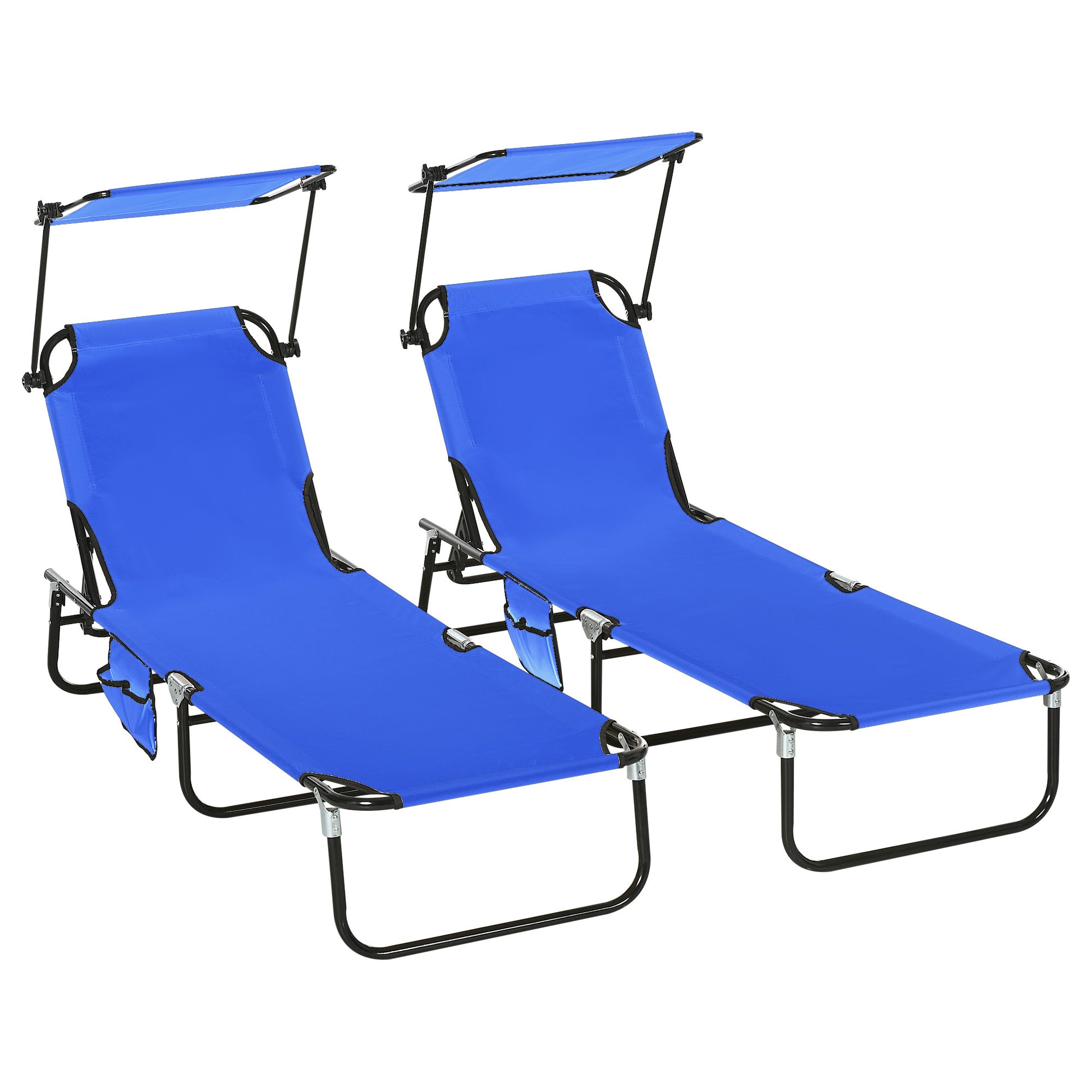 Outsunny Folding Chaise Lounge Pool Chairs, Outdoor Sun Tanning Chairs With Canopy Shade, Reclining Back, Steel Frame And Side Pocket For Beach, Yard, Patio, Blue Blue Steel