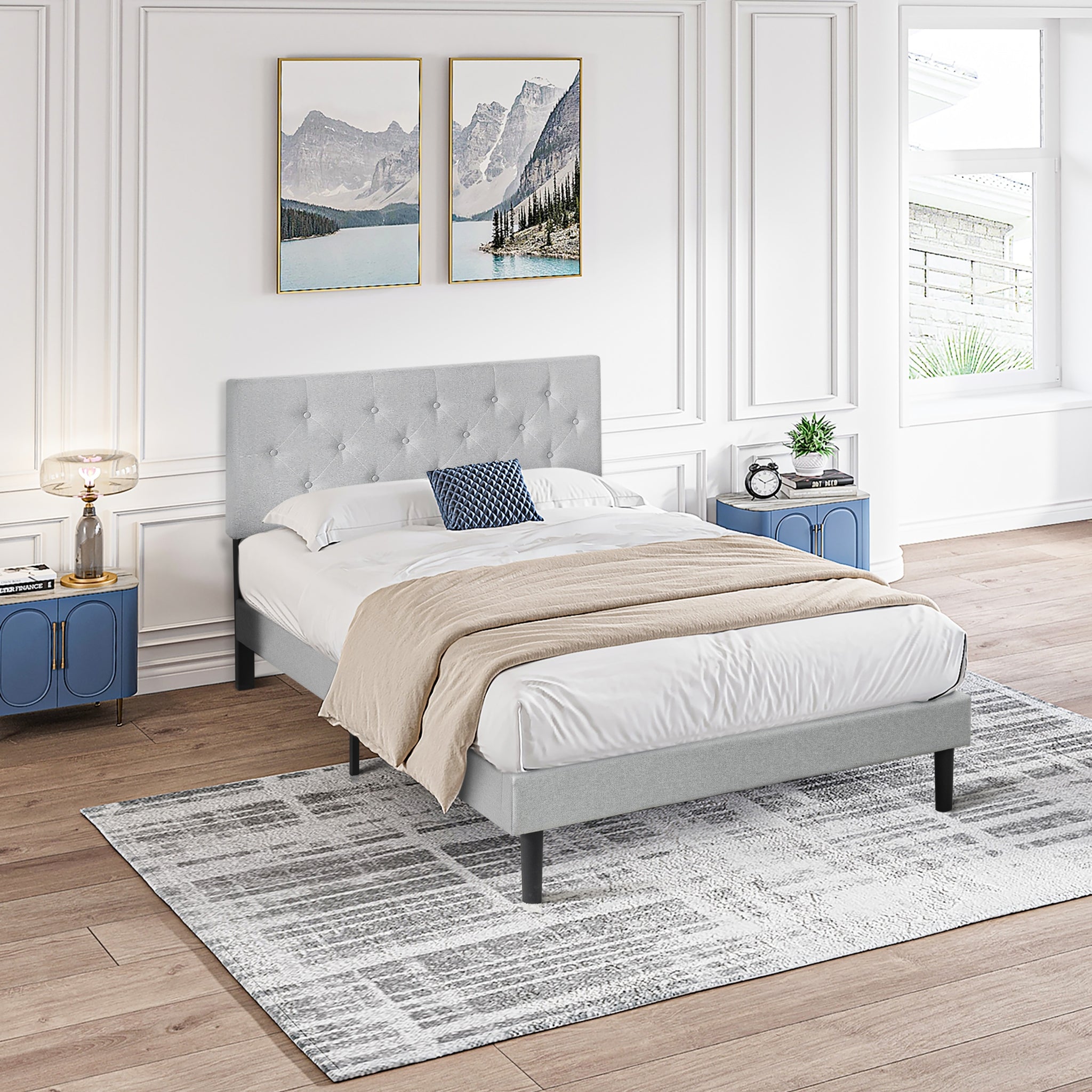 Queen Size Upholstered Platform Bed Frame With Modern Button Tufted Linen Fabric Headboard, No Box Spring Needed, Wood Slat Support, Easy Assembly, Grey Queen Light Grey Linen