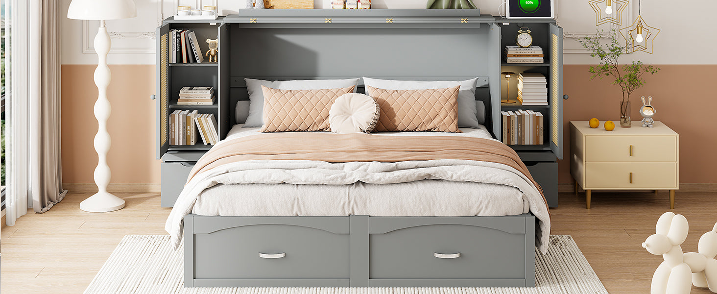 Queen Size Murphy Bed Wall Bed With Drawer And Rattan Decoration With 2 Storage Cabinets, One Set Of Sockets & Usb Ports, Pulley Structure Design, Gray Queen Gray Plywood
