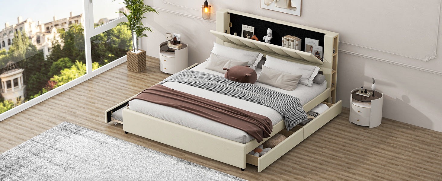 King Size Upholstery Platform Bed With Storage Headboard, 2 Drawers And Trundle,Beige King Beige Upholstered