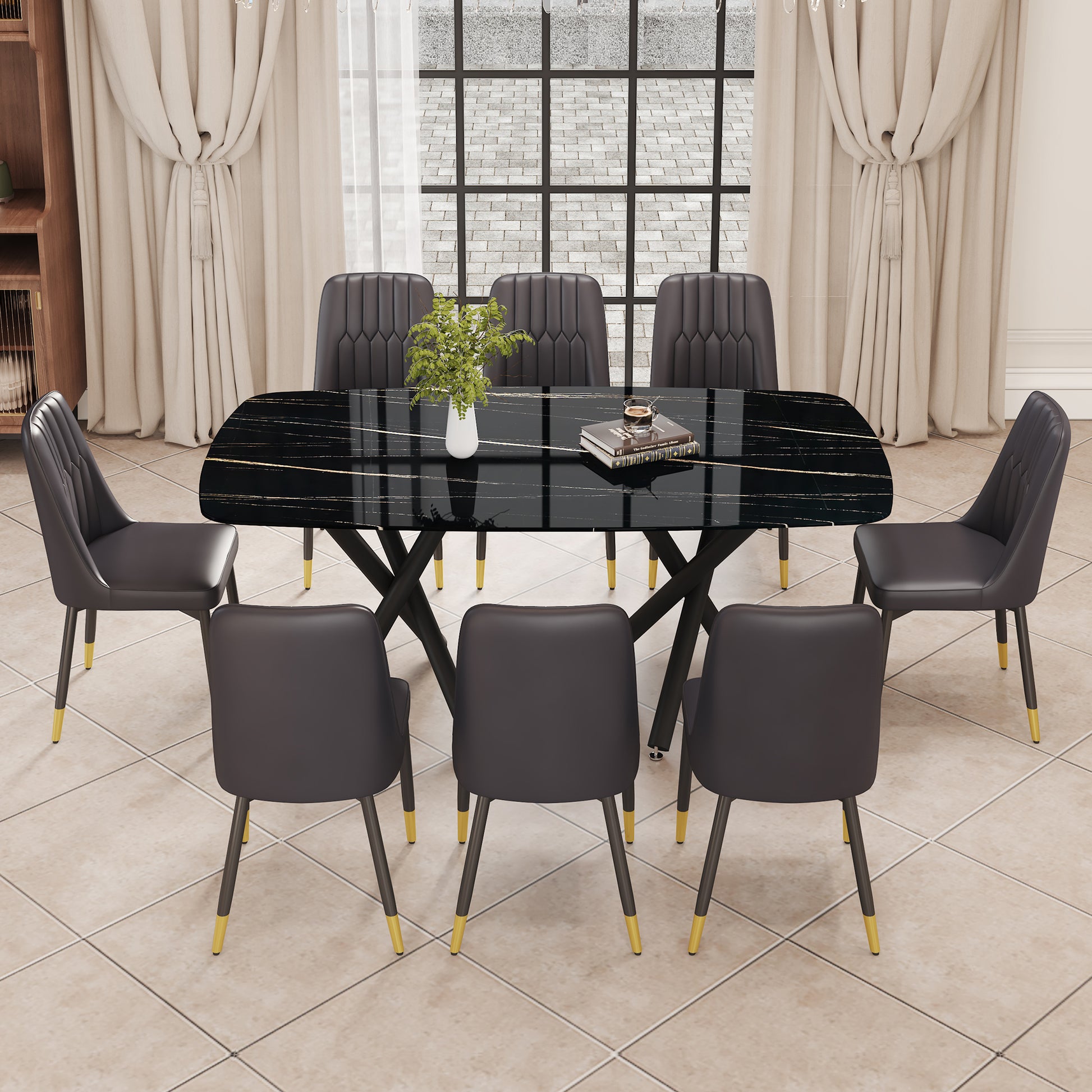 1 Table And 8 Chairs Set.A Rectangular Dining Table With A Imitation Marble Black Table Top And Black Metal Legs.Paired With 8 Chairs With Pu Leather Seat Cushion And Black Metal Legs.F 1538,C 007 Black Glass Metal