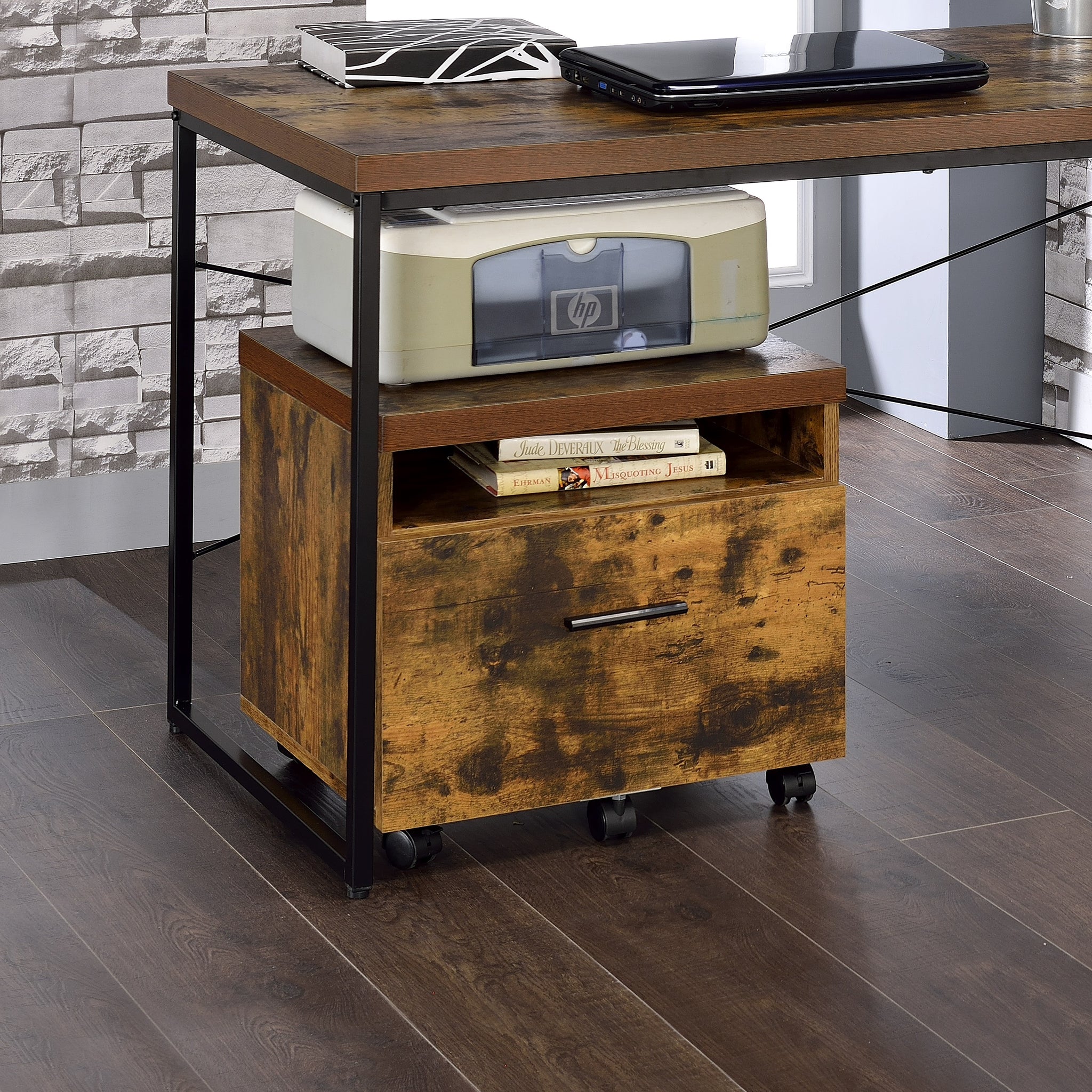 Bob Weathered Oak & Black Finish File Cabinet Oak Metal,Synthetic Wood