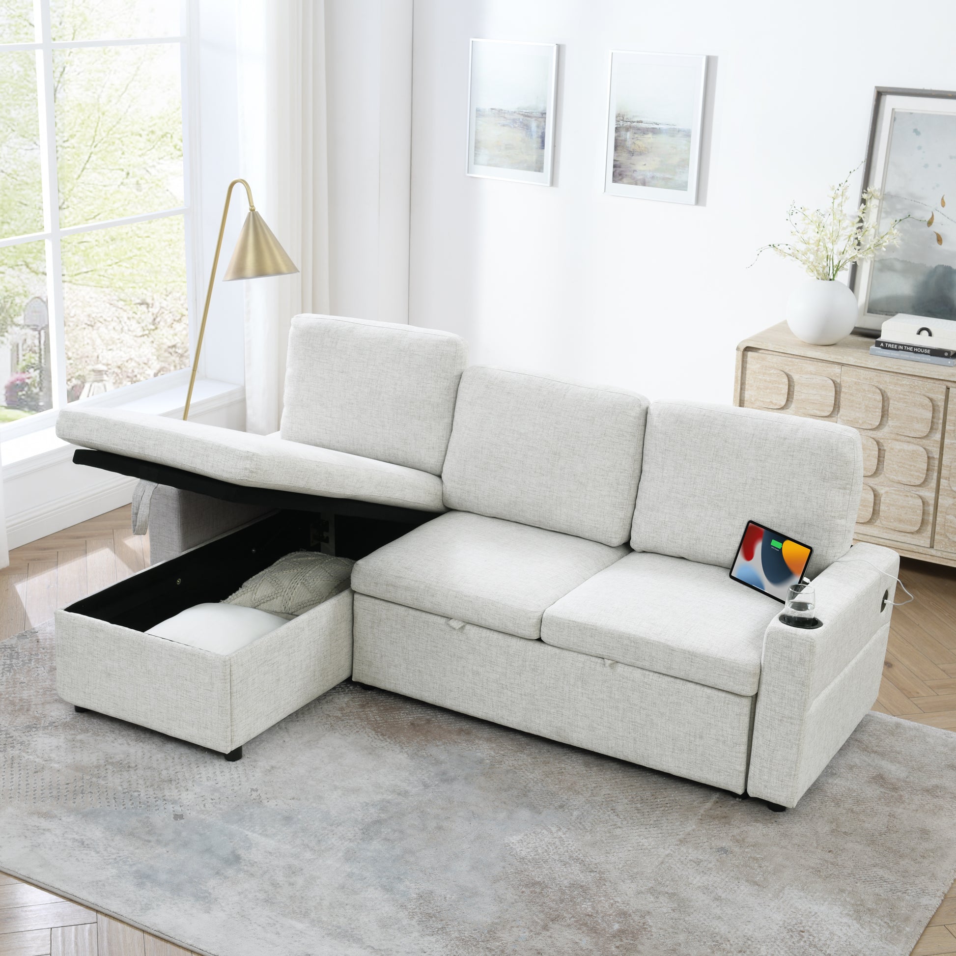 Linen Upholstered Sleeper Sectional Sofa, Shaped Modular Convertible Sofa With Storage Chaise,Side Armrests With Cup Holders,Pull Out Sleep Couch Bed ,Usb Port On The Right,Beige Full Beige Linen