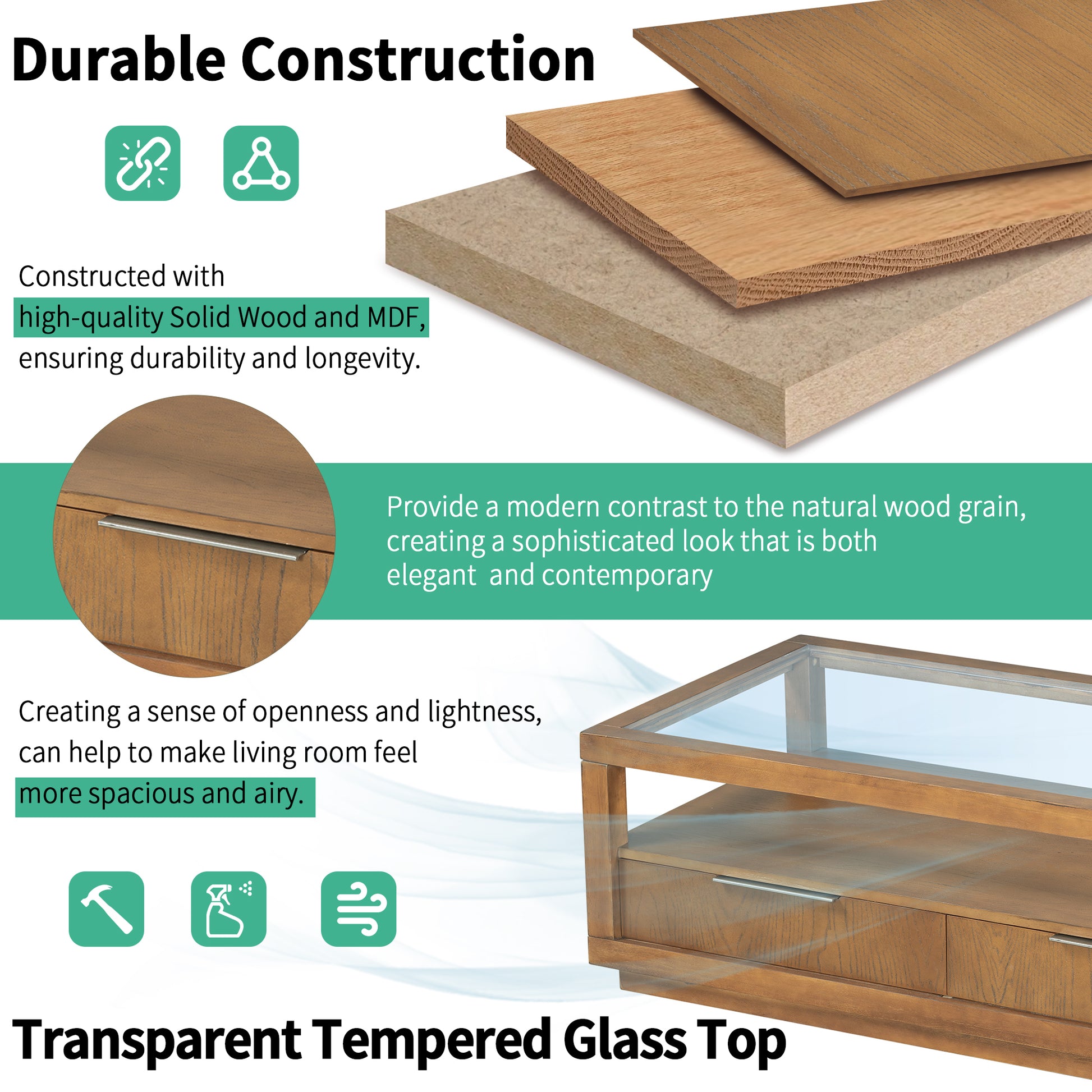 Modern Wood Coffee Table With 2 Drawers ,Minimalist Display Coffee Table With Transparent Tempered Glass, Open Storage Shelf For Living Room Brown Solid Wood Mdf