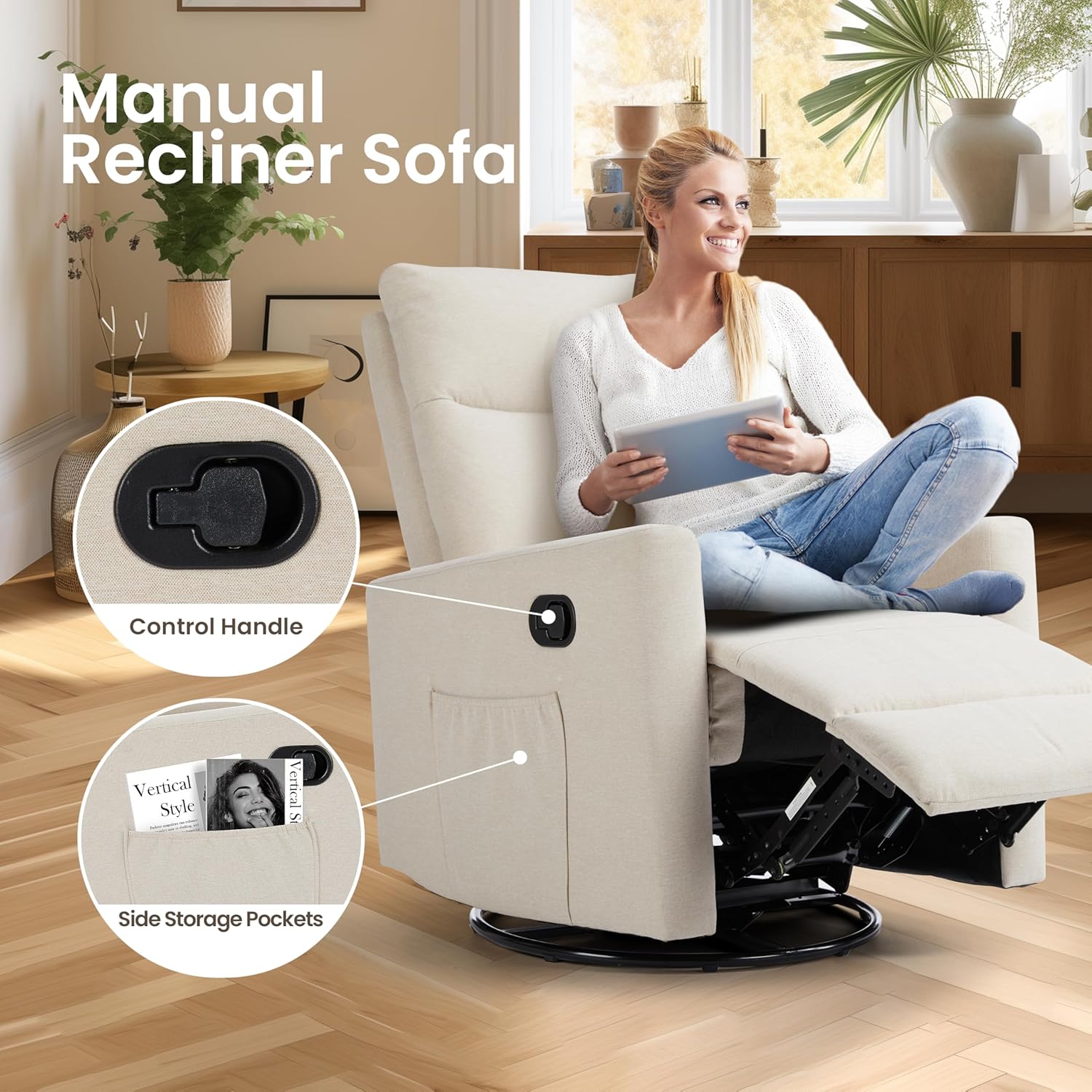 Swivel Rocking Chair, 360 Swivel Recliner Chairs For Bedroom, Office, Glider Nursery Chair For Bedroom Room, Faux Leather Reclining Sofa With Large Footrest, Beige Beige Metal