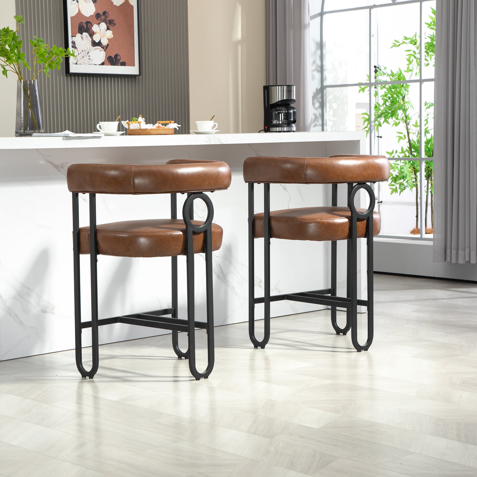 Coolmore Bar Stools Set Of 2, Modern Bar Stool With Back, Black Metal Frames, Upholstered Bar Stools For Kitchen Island, Pub, Club Light Brown Pu Light Brown Dining Room Foam Pu Leather