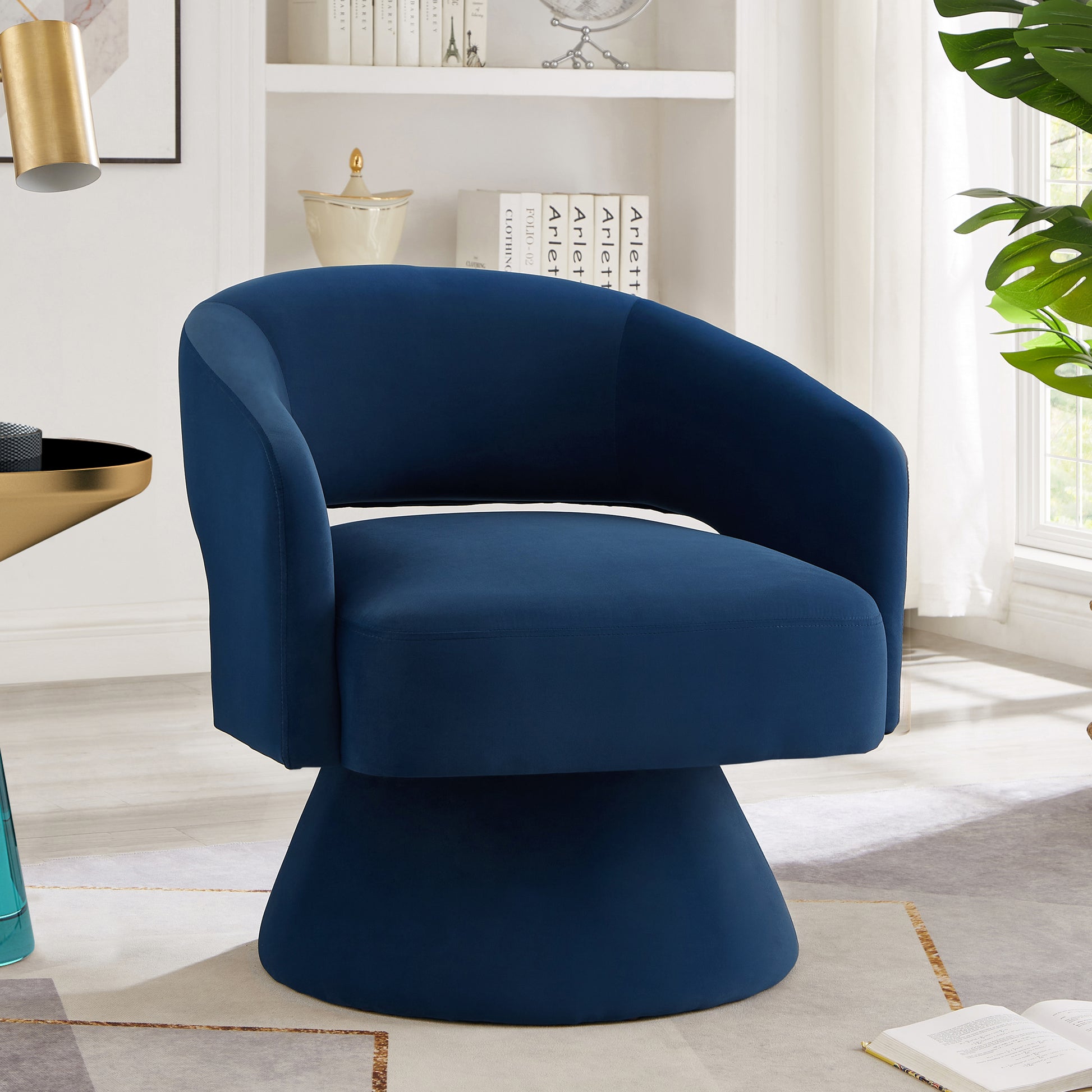 Modern Swivel Barrel Chair, Upholstered Velvet Round Accent Chairs,360 Degree Comfy Swivel Chair With Open Backrest, Single Chair Armchair For Living Room Bedroom, Homerest,Navy Navy Primary Living Space American Design,Contemporary,Luxury,Mid Century