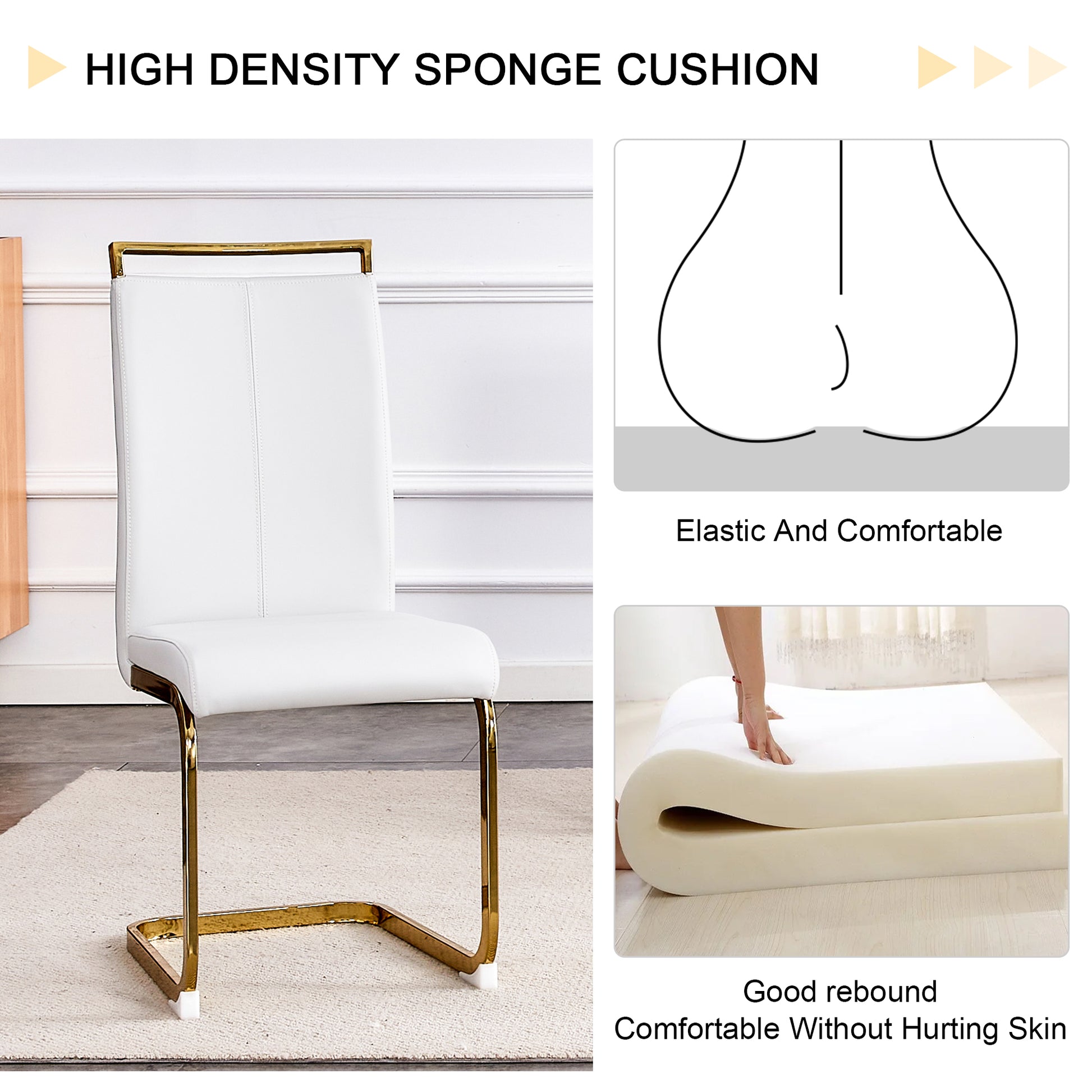 Table And Chair Set.Large Modern Rectangular Table With 0.4 Inch Patterned Glass Tabletop And Large Mdf Table Legs.Comes With 6 Chairs With Faux Leather Cushioned Seats And Golden Metal Legs. Gold White Seats 6 Mdf Glass