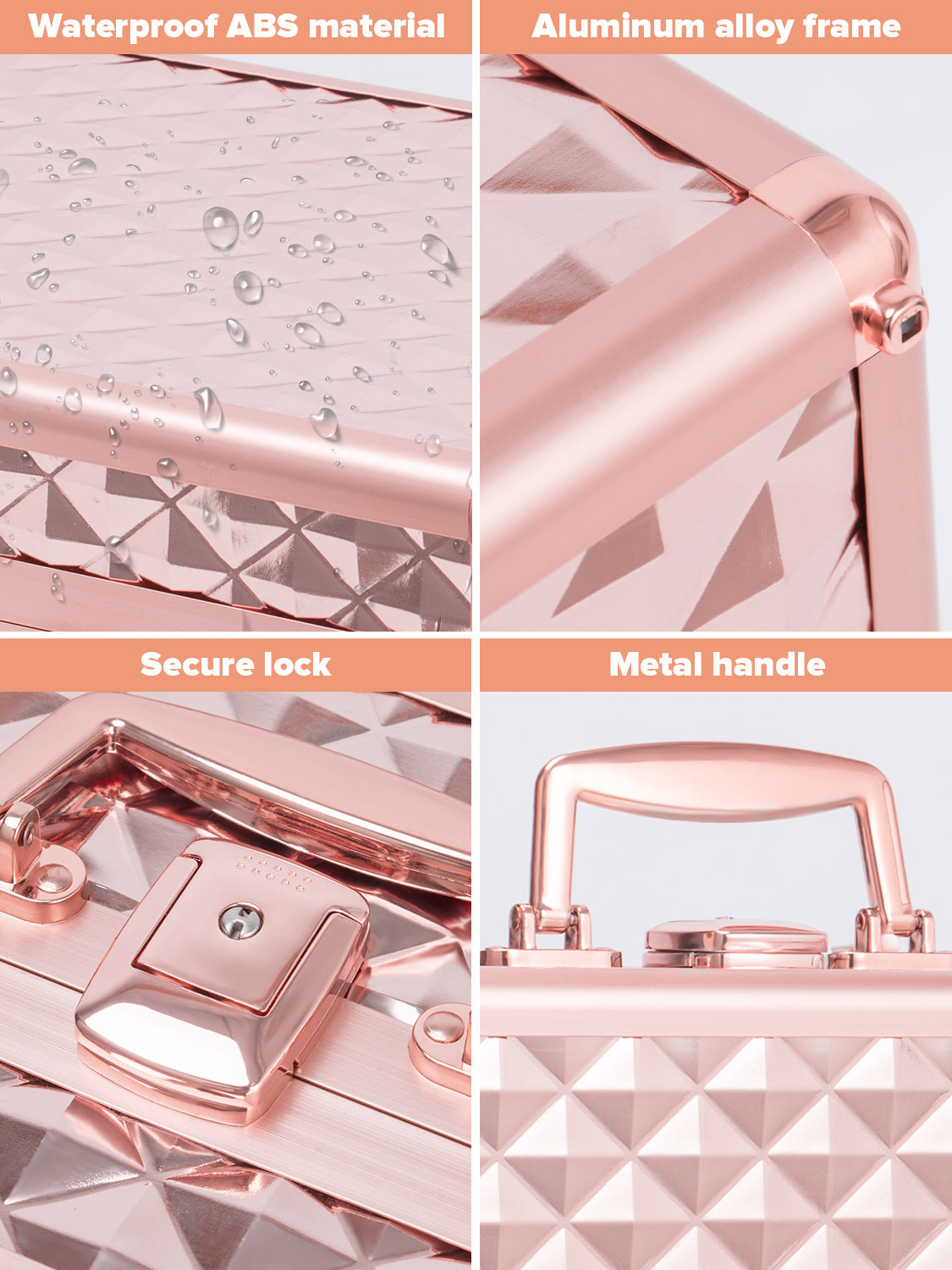 Portable Makeup Case With Led Mirror Travel Makeup Bag Cosmetic Organizer Box With Locks, Brush Holder, Dividers, Rechargeable, Rose Gold Rose Gold Aluminium Alloy