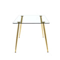 Table And Chair Set.Modern Rectangular Glass Dining Table With Tempered Glass Countertop And Golden Metal Legs, Paired With Multiple Transparent High Quality Pet Dining Chairs With Golden Legs. Gold Seats 6 Tempered Glass
