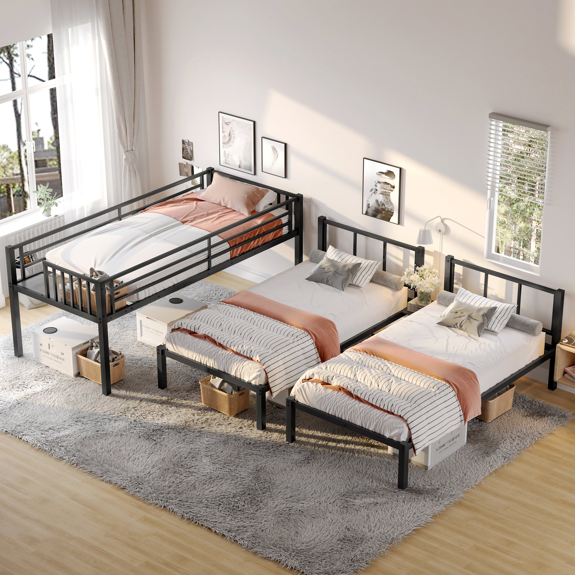 Twin Over Twin & Twin Bunk Beds For 3, Twin Xl Over Twin & Twin Bunk Bed Metal Triple Bunk Bed, Black Twin Black Metal
