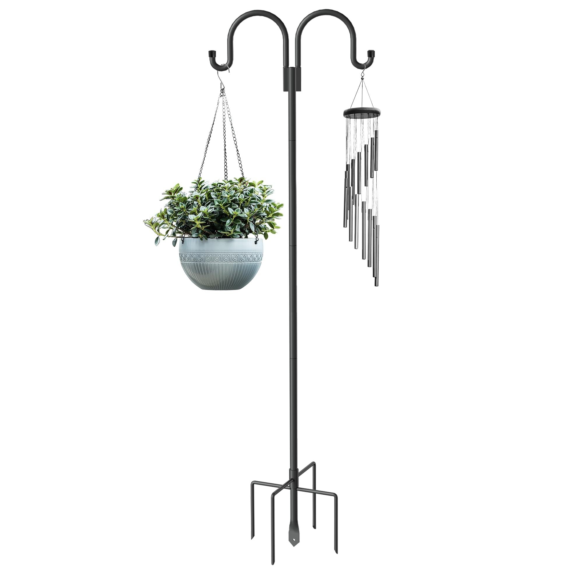 Double Shepherd Hooks For Outdoor, 79 Inch Heavy Duty Bird Feeder Pole For Hanging Bird Feeder, Garden Hooks Plant Baskets, Garden Plant Hanger Stands With 5 Prong Base Black Metal