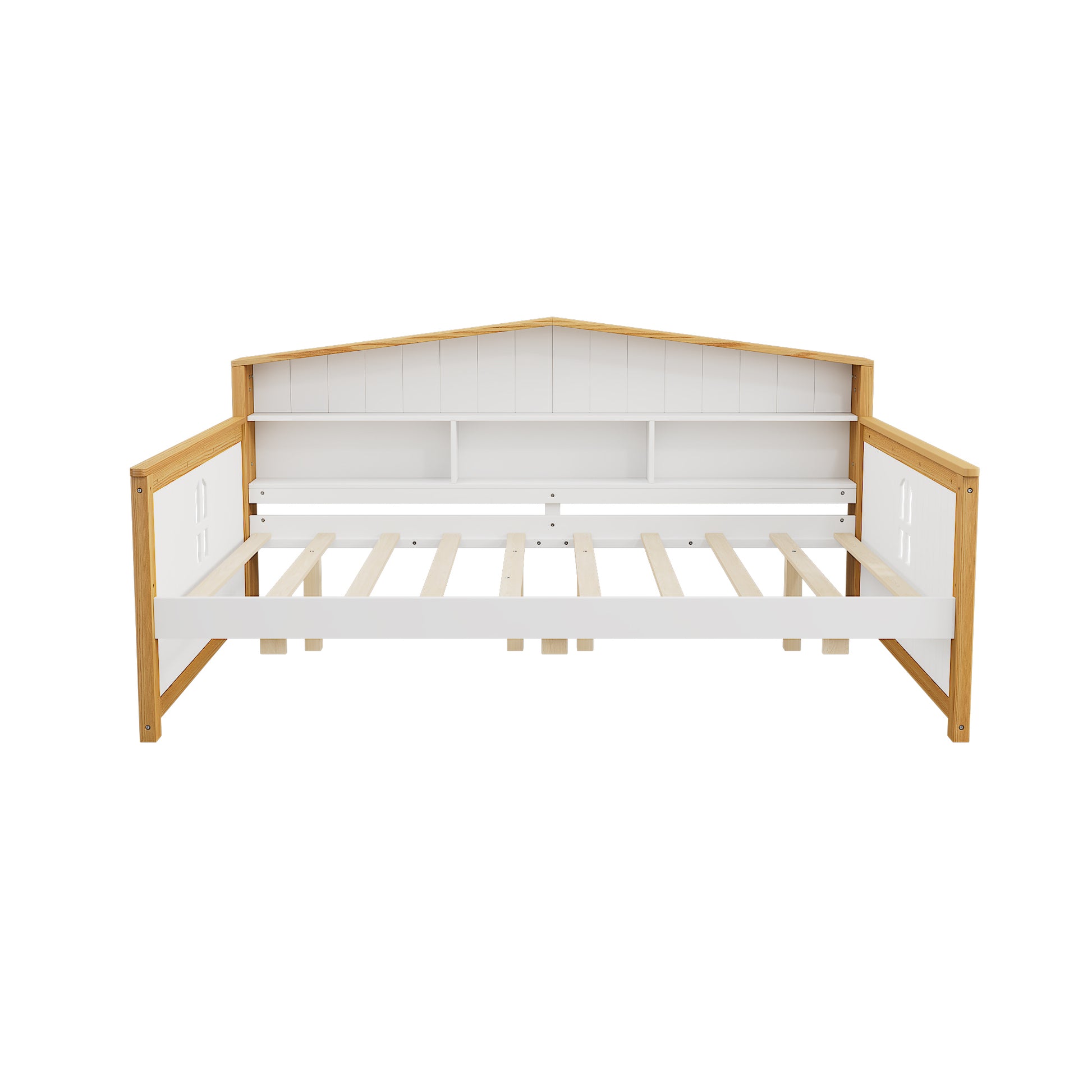 Full Size House Shape Daybed With Two Drawers And Bookcase Headboard Wooden Bed For Girls Boys Teens, No Box Spring Needed, Walnut And White Box Spring Not Required Full White Walnut Wood Bedroom Cute Pine Bed Frame Wood