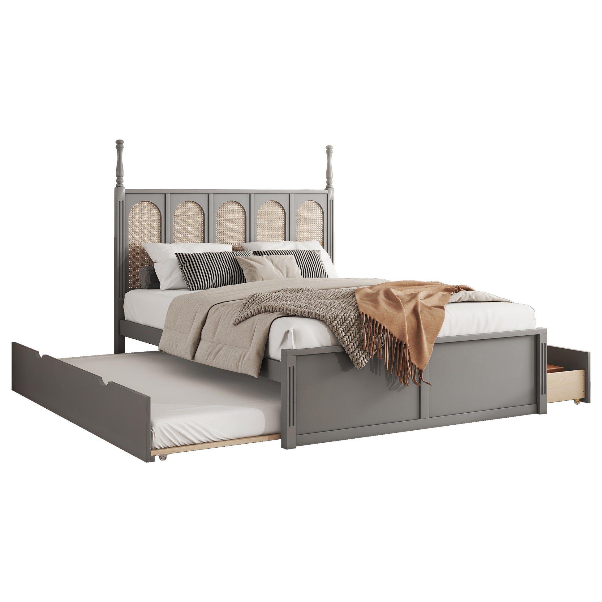 Queen Size Rattan Platform Bed With With 2 Big Drawers, T Size Trundle, Gray Queen Gray Plywood