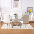 Table And Chair Set, Modern Dining Table, Tempered Glass Tabletop And Silver Colored Leg Table, Soft And Comfortable Dining Chair, Perfect For Dinner, Meetings, Home And Office Decor White Seats 6 Glass
