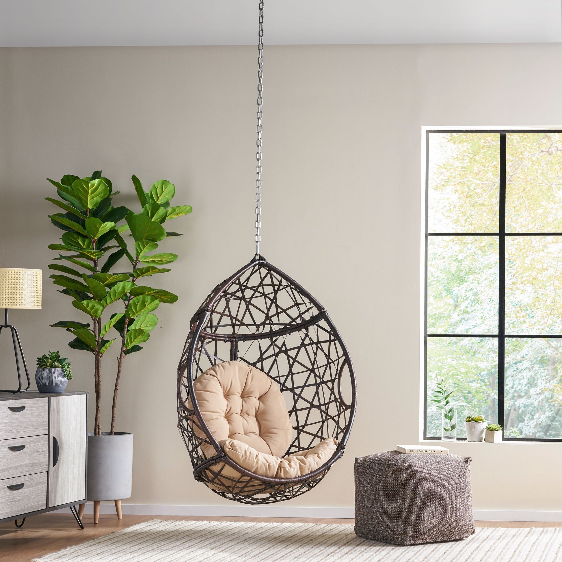 Los Alamitos Hanging Chair With 8Ft Chain Brown Pe Rattan Iron Waterproof Fabric