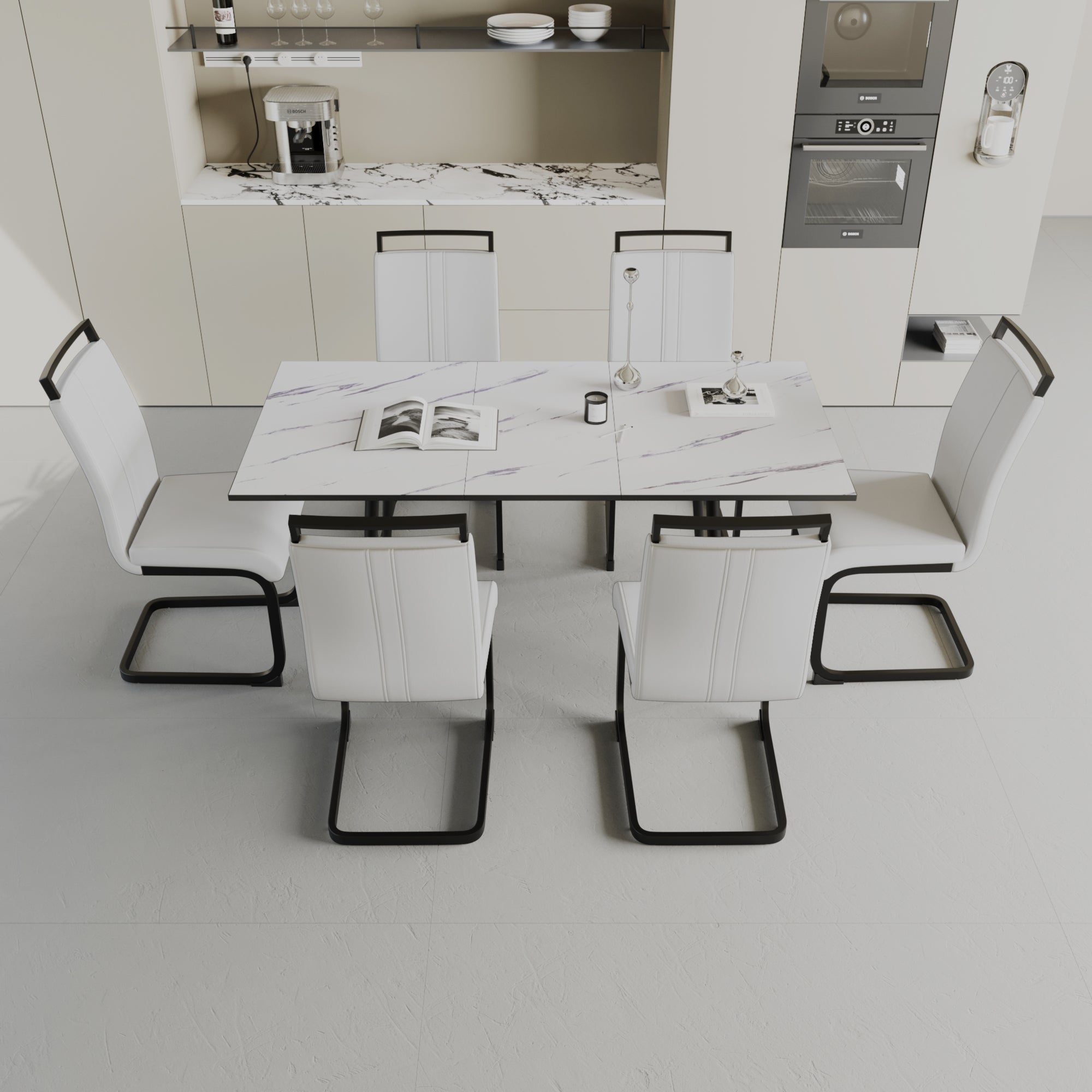 An Expandable Dining Table Set For 2 6 People, Equipped With A C Shaped Tubular Cushioned Armless Dining Chair And An Elegant And Spacious Dining Table Kitchen Table And Chair Set, With Metal Legs White Mdf