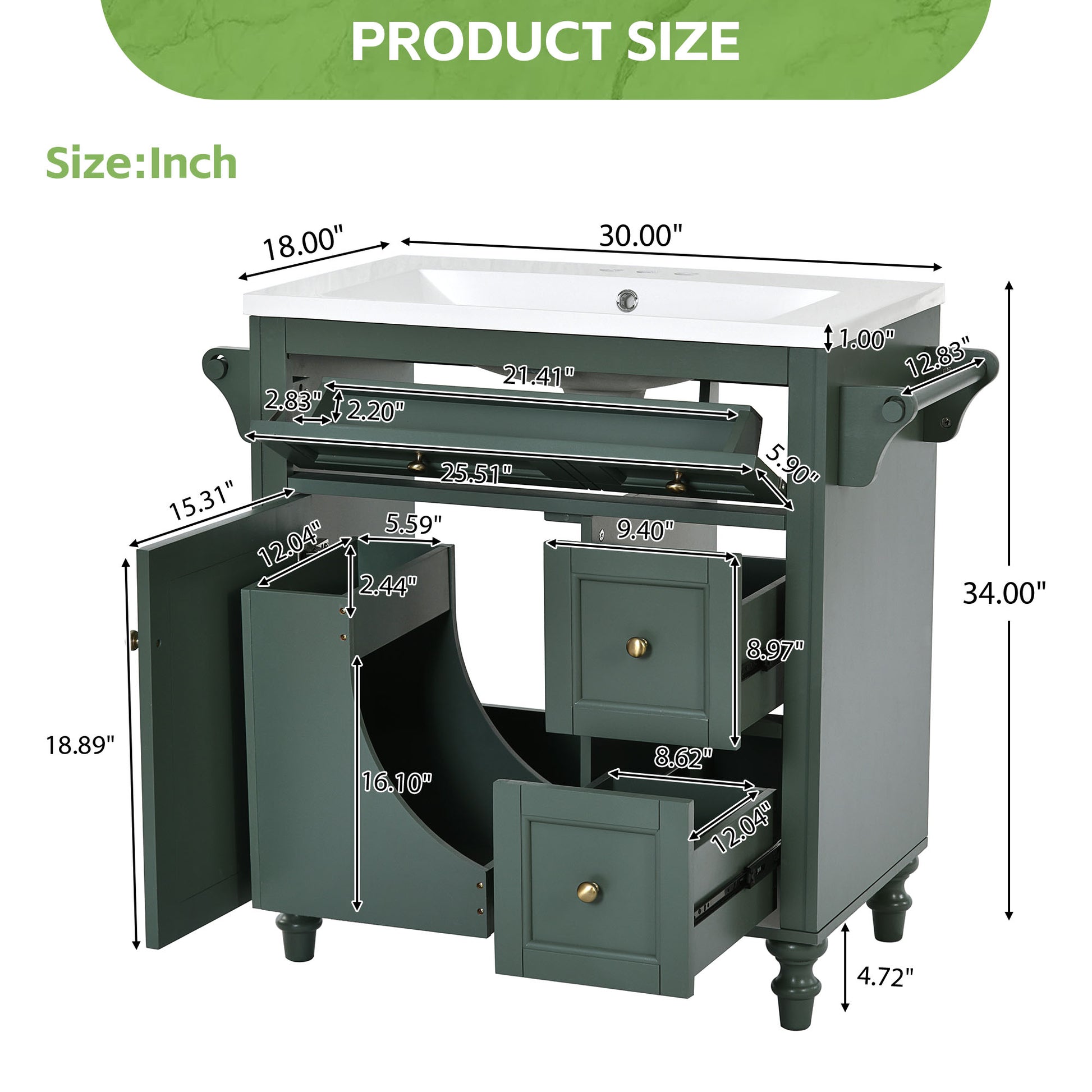 30'' Bathroom Vanity With Top Sink, Modern Bathroom Storage Cabinet With 2 Drawers And A Tip Out Drawer, Single Sink Bathroom Vanity Same As Sw000143Aaf Green Bathroom Modern Solid Wood Mdf Resin
