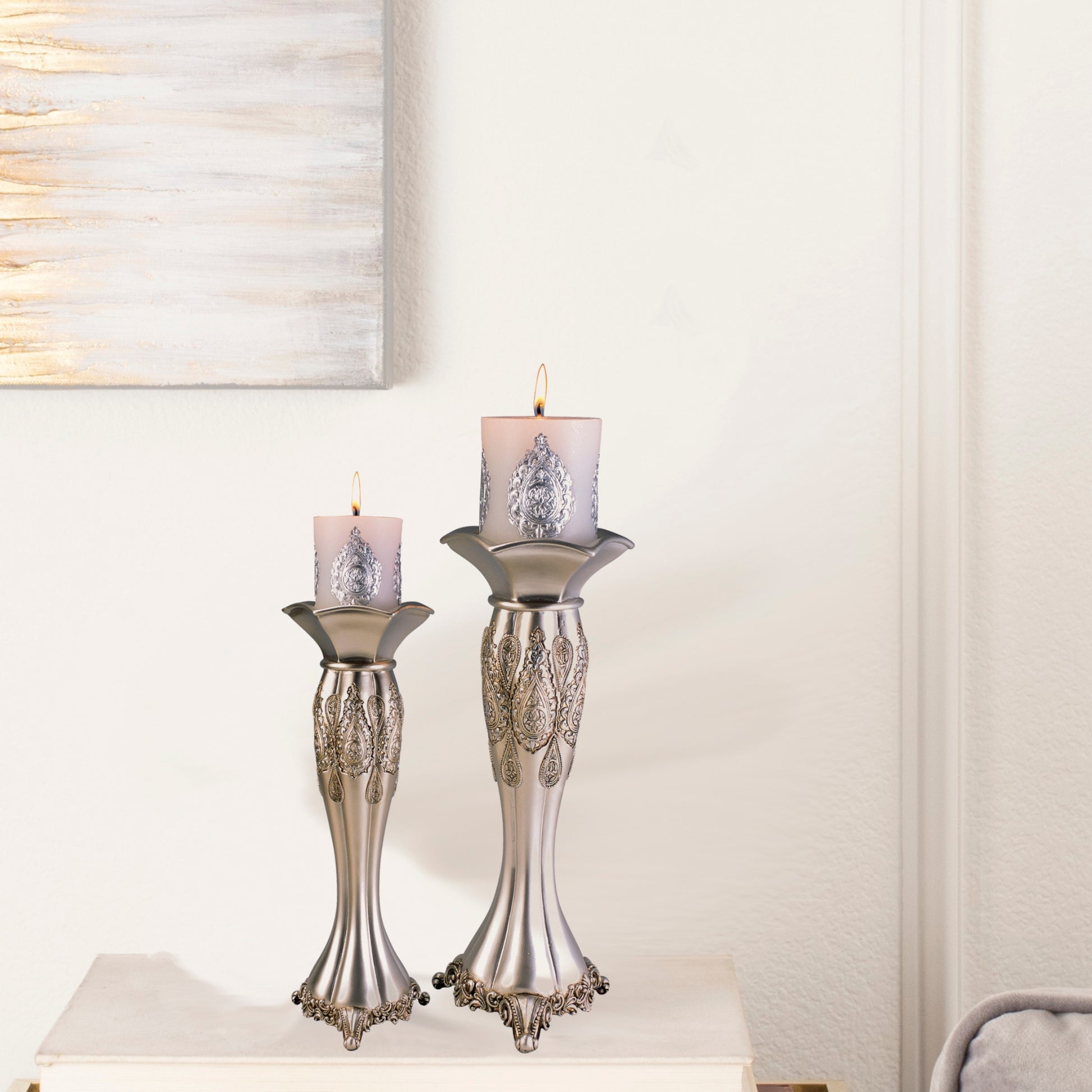 12" And 14" Tall Polyresin Candleholder, Silver Royal Design Set Of 2 Silver Polyresin