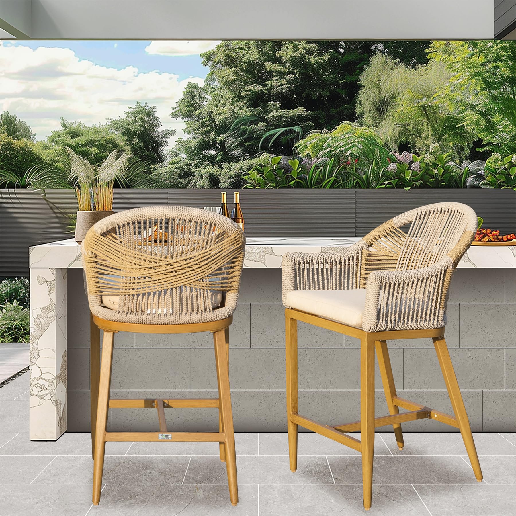 Bar Stools Set Of 2 With Arm And Backrest, Outdoor Counter Height Bar Chairs With Cushion, Aluminum Tall Bar Stools Modern Textilene Rope Boho Barstools For Garden, Pool, Patio, Kitchen Rounded Backre Yes Khaki Garden & Outdoor 2 Person Seating Group