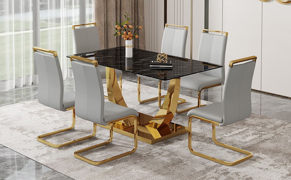 Table And Chair Set.Modern Rectangular Dining Table With Black Textured Stickers Glass Tabletop And Gold Plated Metal Legs.Paried With 6 Comfortable Chairs With Pu Seats And Golden Metal Legs. Gold,Light Gray Seats 6 Glass Metal