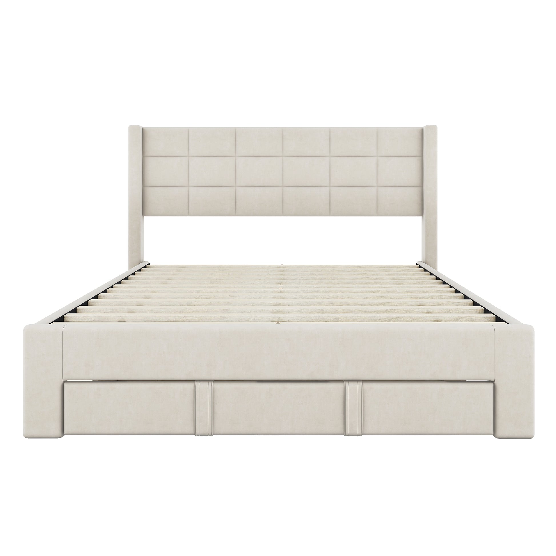 Queen Size Upholstered Platform Bed With A Big Drawer, Beige Box Spring Not Required Queen Beige Wood Bedroom Bed Frame Polyester Upholstered